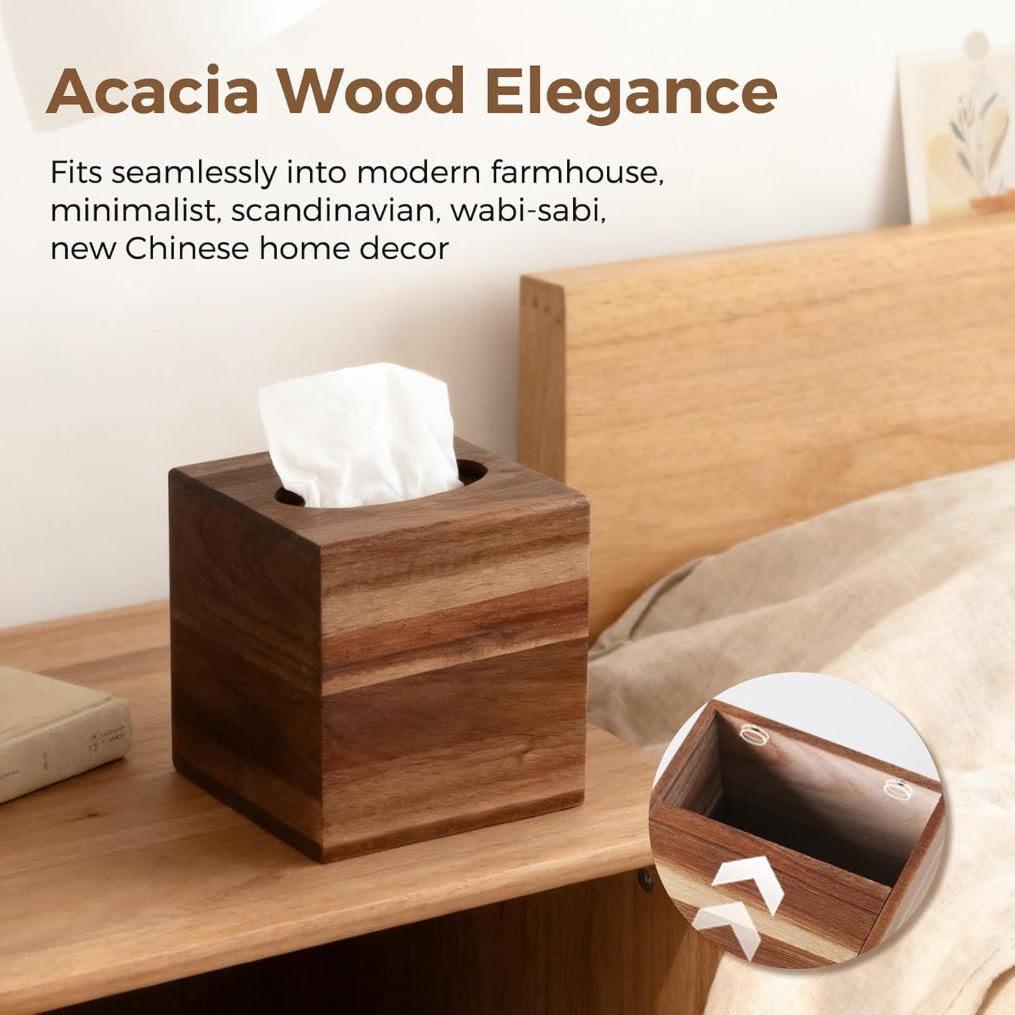 Acacia Wood Tissue Box Cover / Natural Acacia