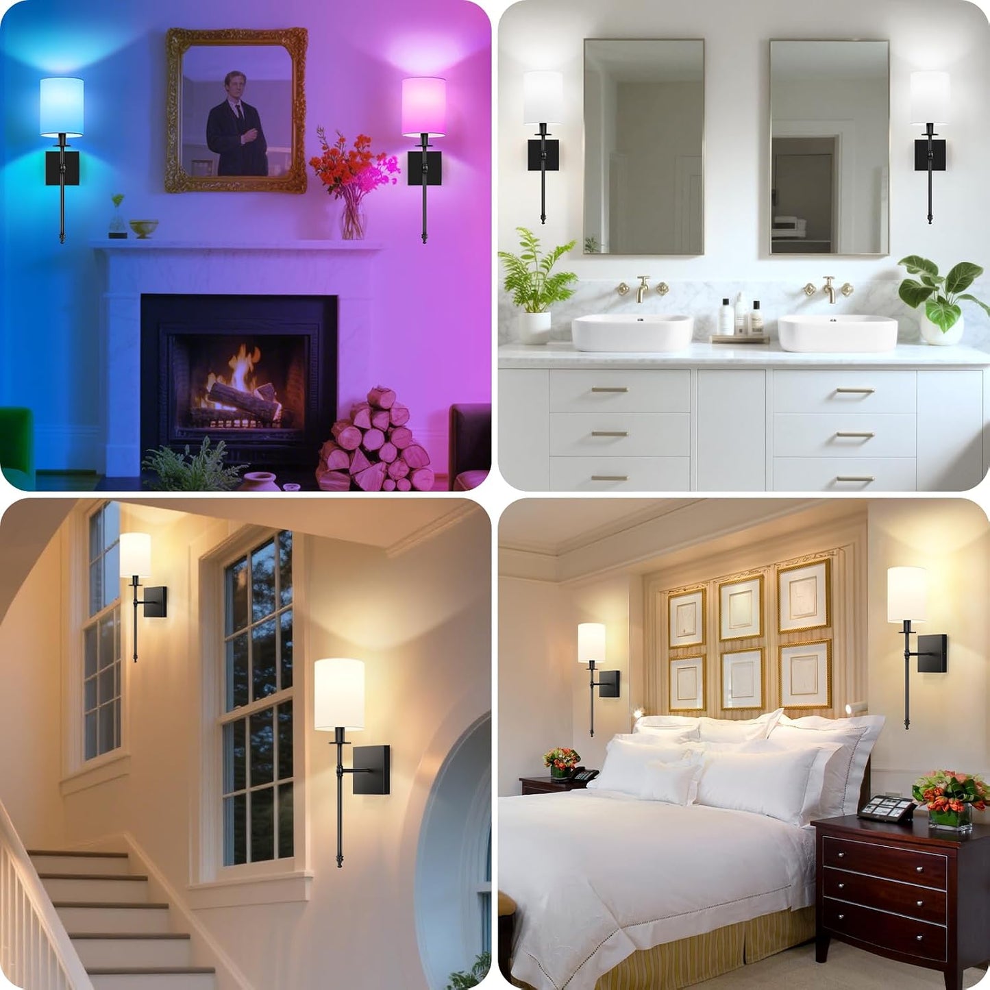 19 Inch Black Battery Operated Wall Sconces Set of 2, Rechargeable Wireless Wall Lights with Remote & White Fabric
