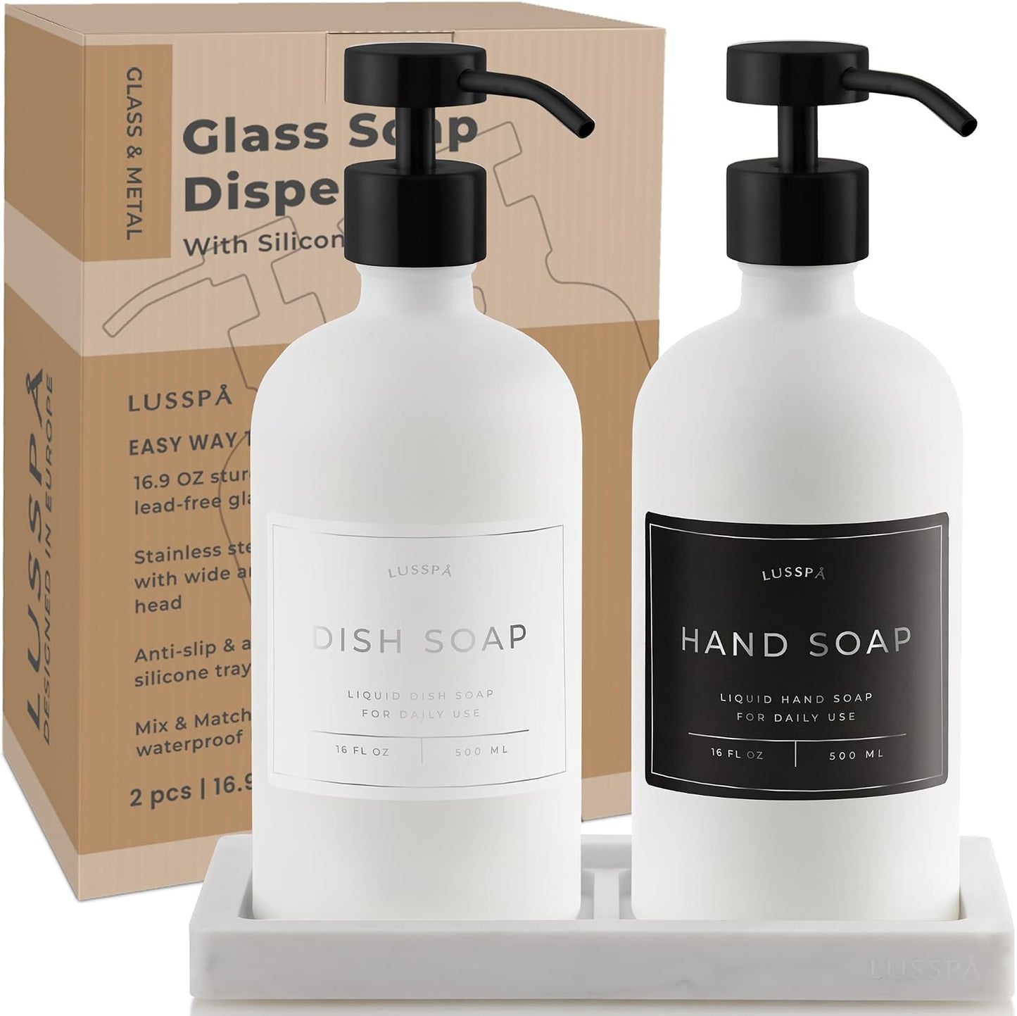 Glass Soap Dispenser Set of 2 (White) with Silicone Tray | Hand and Dish Soap Dispenser for Kitchen and Bathroom | 16.8