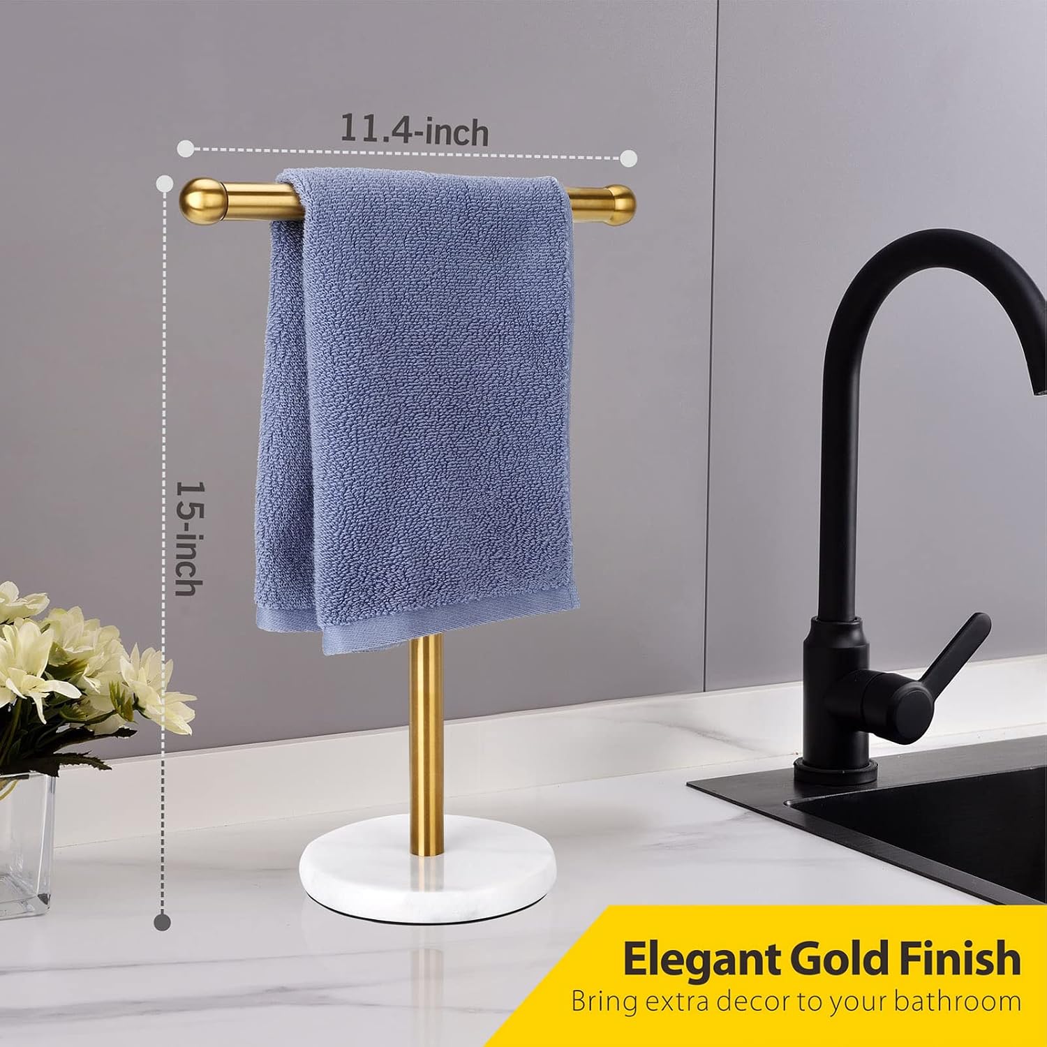 Gold Hand Towel Holder Stand with Heavy Marble Base, T-Shape Towel Rack, Free-Standing for Bathroom Vanity Countertop