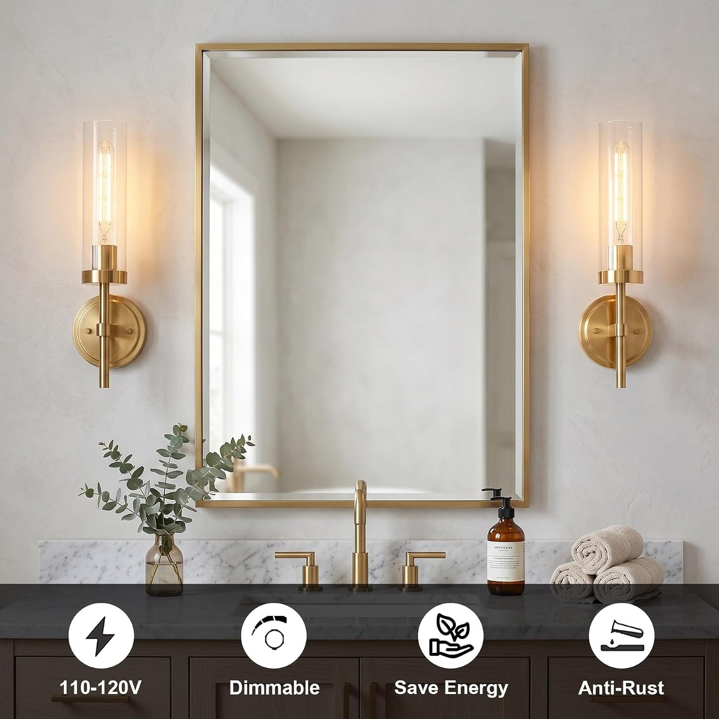 Hardwired Wall Sconces Set of Two, Brushed Gold Bathroom Sconces Wall Lighting Vanity Light Fixtures with Clear Glass