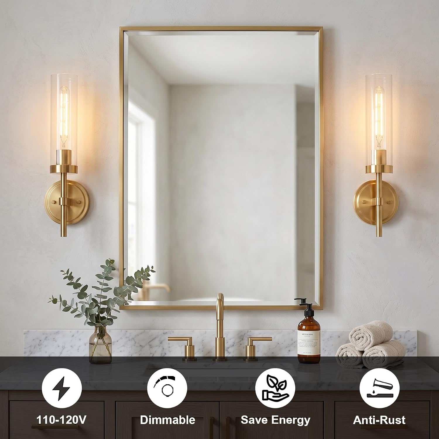 Hardwired Wall Sconces Set of Two, Brushed Gold Bathroom Sconces Wall Lighting Vanity Light Fixtures with Clear Glass