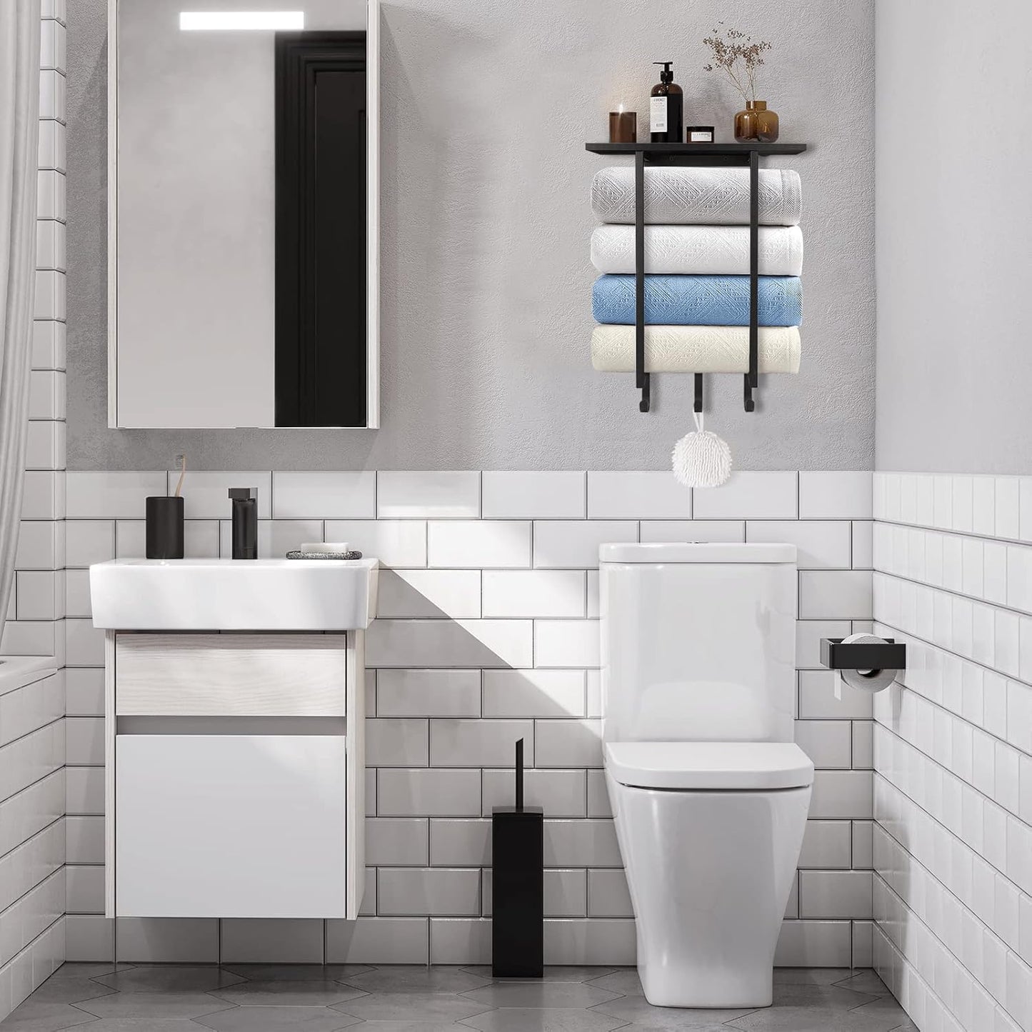 ELITEROO Towel Holder for Bathroom Wall, Wooden Towel Rack Shelf | Hanging Towel Organizer with 3 Hooks for Small