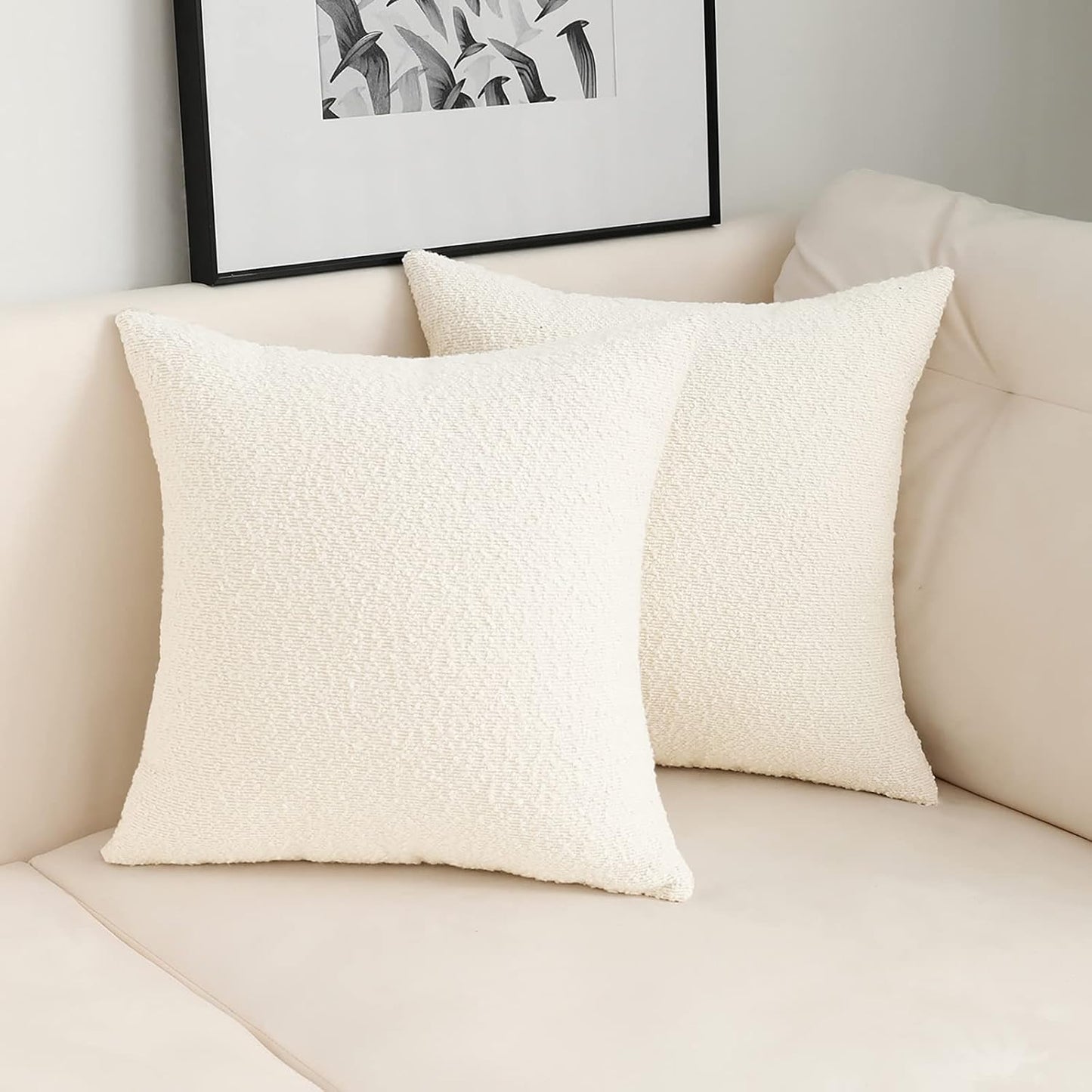 Decorative Square Thick Throw Pillow Covers Fine Textured Boucle Couch / Ivory / 18 x 18 / Set of 2
