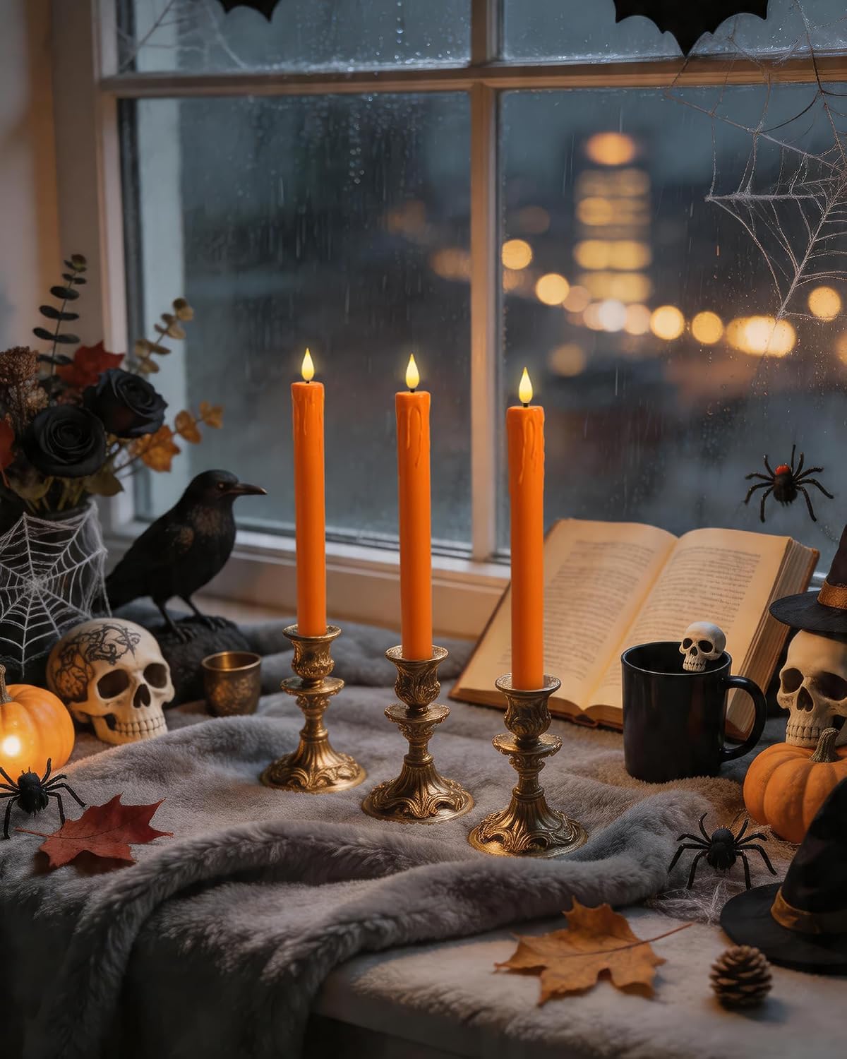 Homemory Orange Flameless Taper Candles with Remote Timer, 9.6 Inch Real Wax Battery Operated Candlesticks, Flickering
