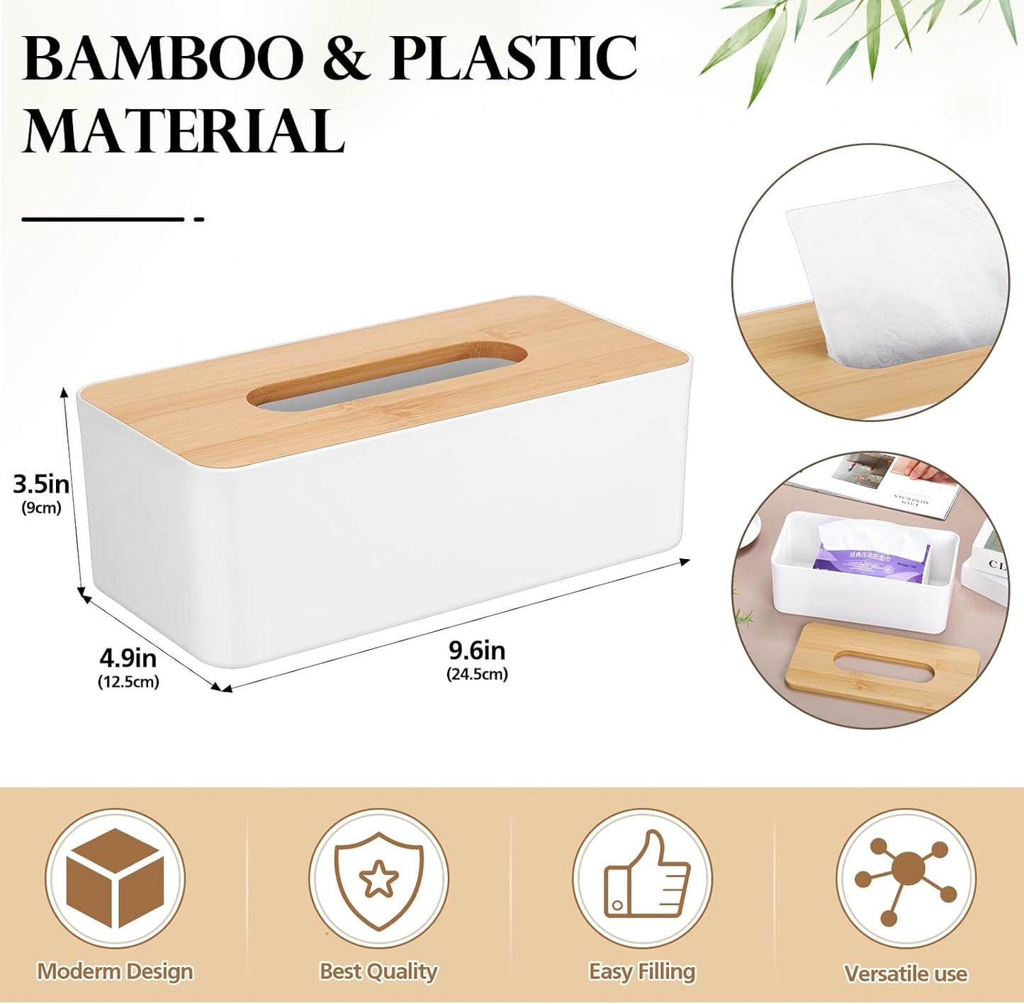 Tissue Box Cover Square Plastic Tissue Holders Holder Wood Cover Plate / White / 5 x 9 / Set of 2
