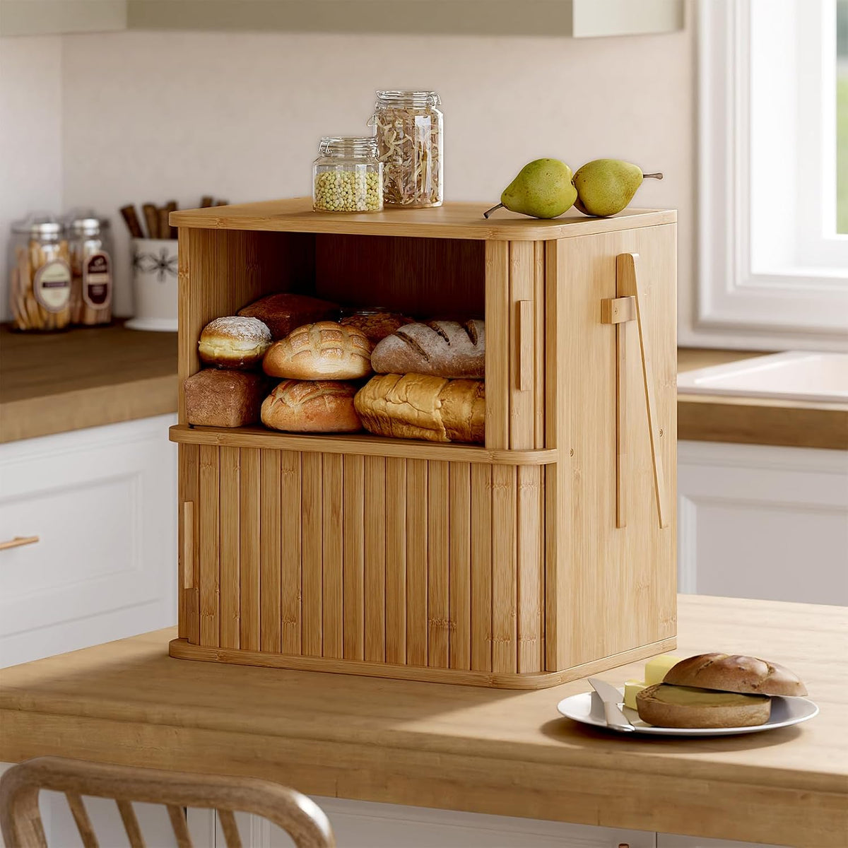 WOWLIVE 2-Tier Roll Top Bread Box for Kitchen Countertop Storage Cabinet | Double Layer Bamboo Bread Boxes with Sliding
