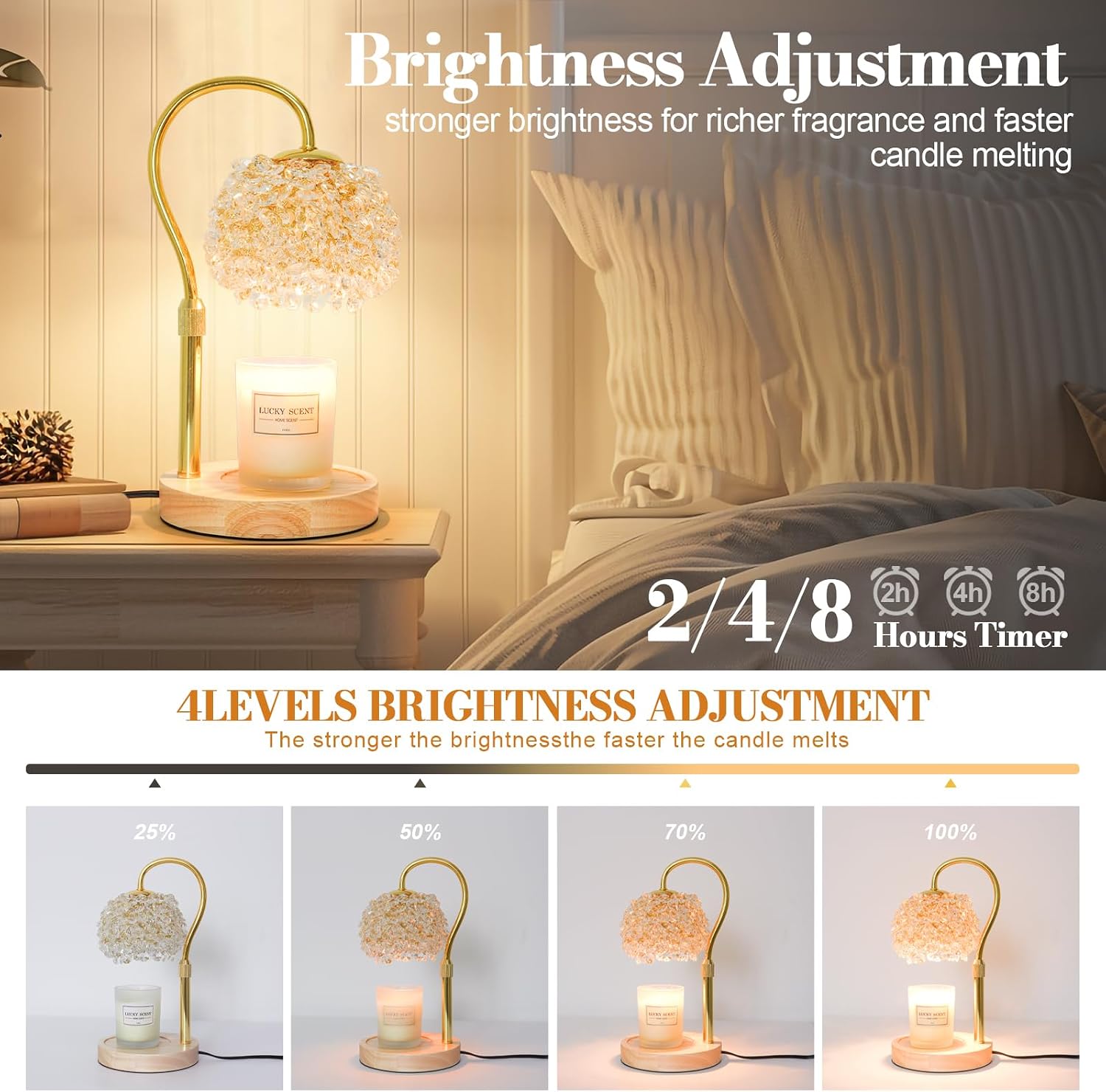 Hisummer Candle Warmer Lamp with Timer, Dimmable Candle Lamp Warmer with 312 K9 Crystals Adjustable Height Electric