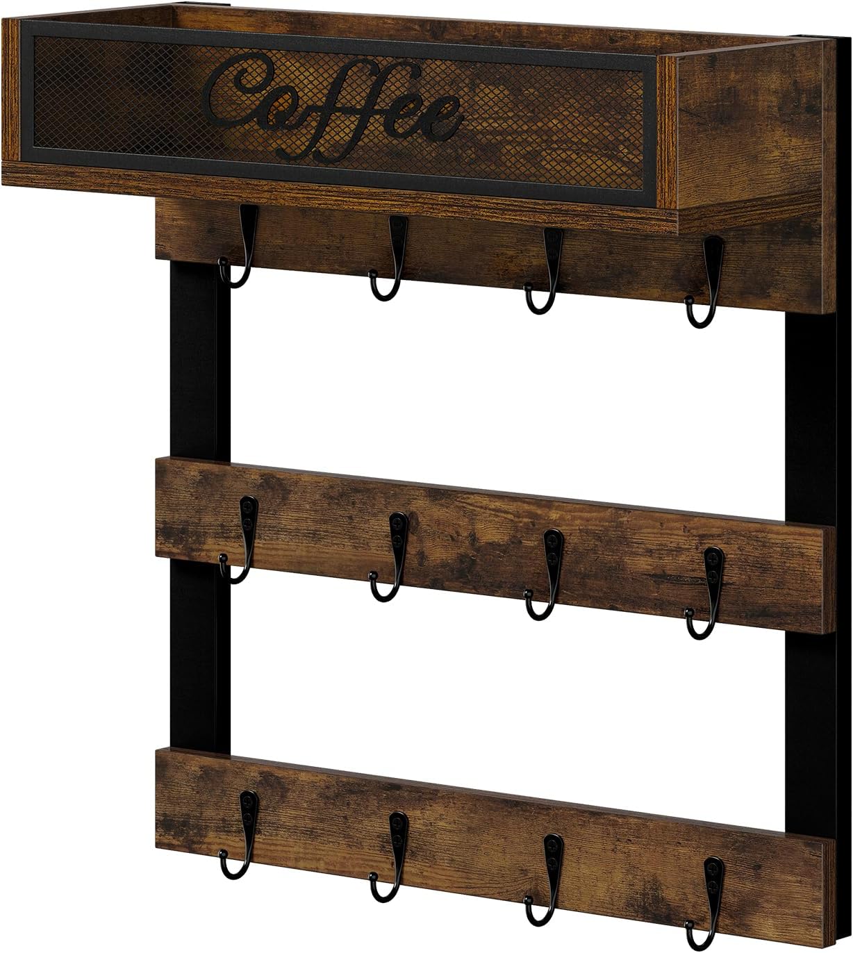 YINMIT Coffee Cup Holder Wall Mounted, 12-Hook Mug and Shelf for Coffee Bar | Rustic Coffee Mug Holder with Plus a Top