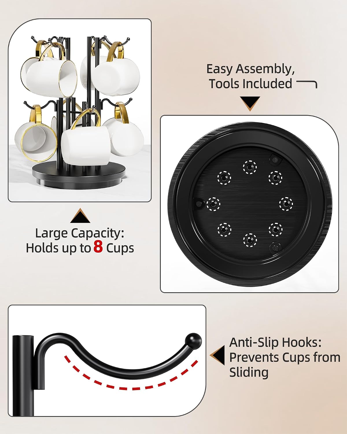 8-Hook 360° Rotating Large Coffee Mug Tree for Counter, Wood Base, Black | 360° rotation, 8 mugs (12-16oz), 5.7"