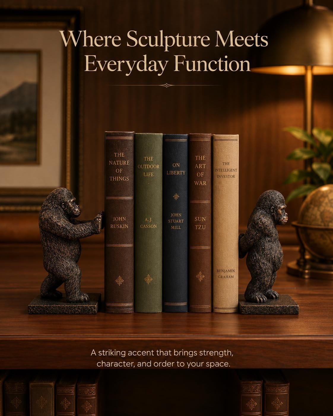 Resin Bookends / Realistic Heavy Animal Sculpture Decorative Book Ends / Gorilla / Bronze / Set of 2