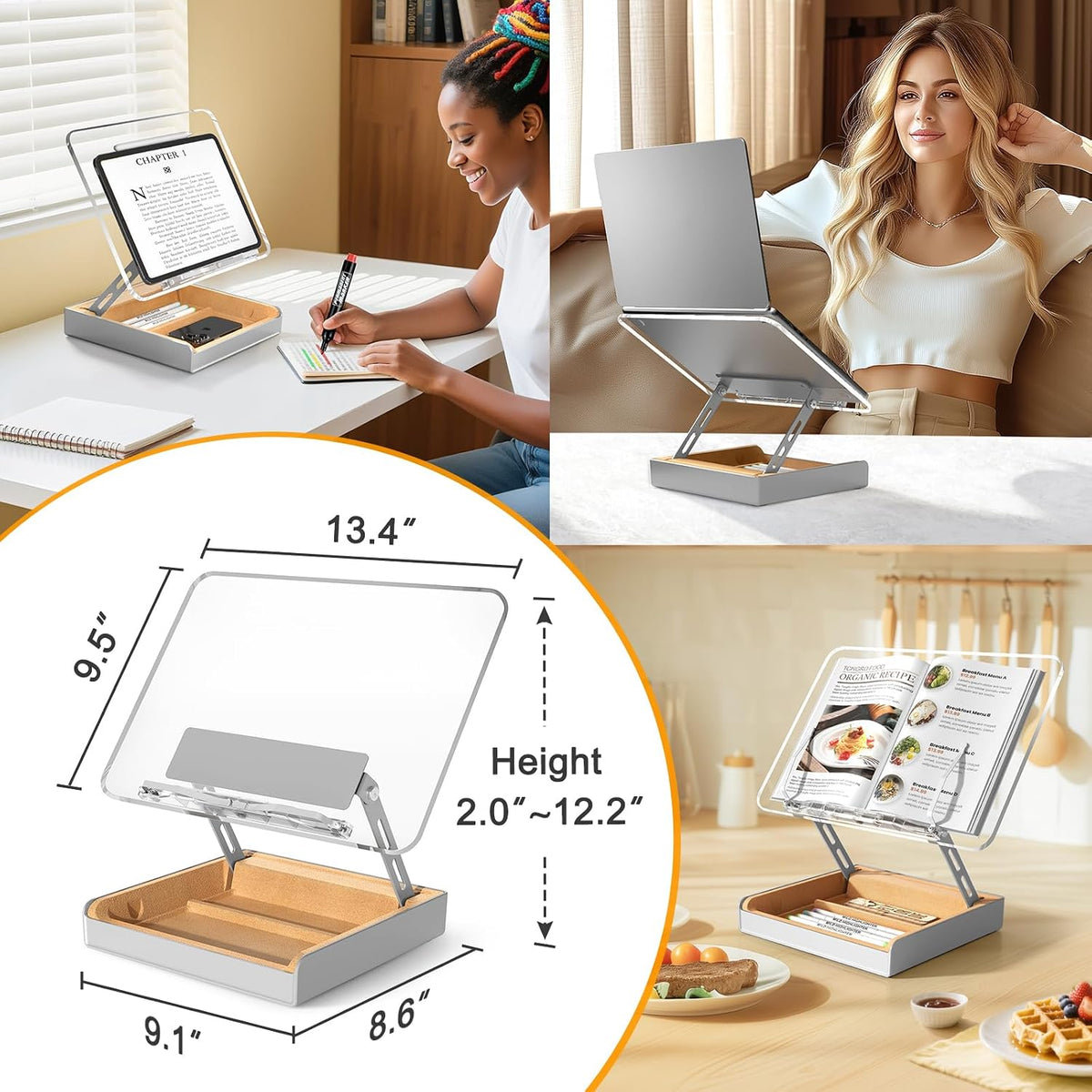 Book Stand with Storage, Book Holder for Reading Hands Free | Wooden Cookbook Stand for Kitchen Counter, Adjustable