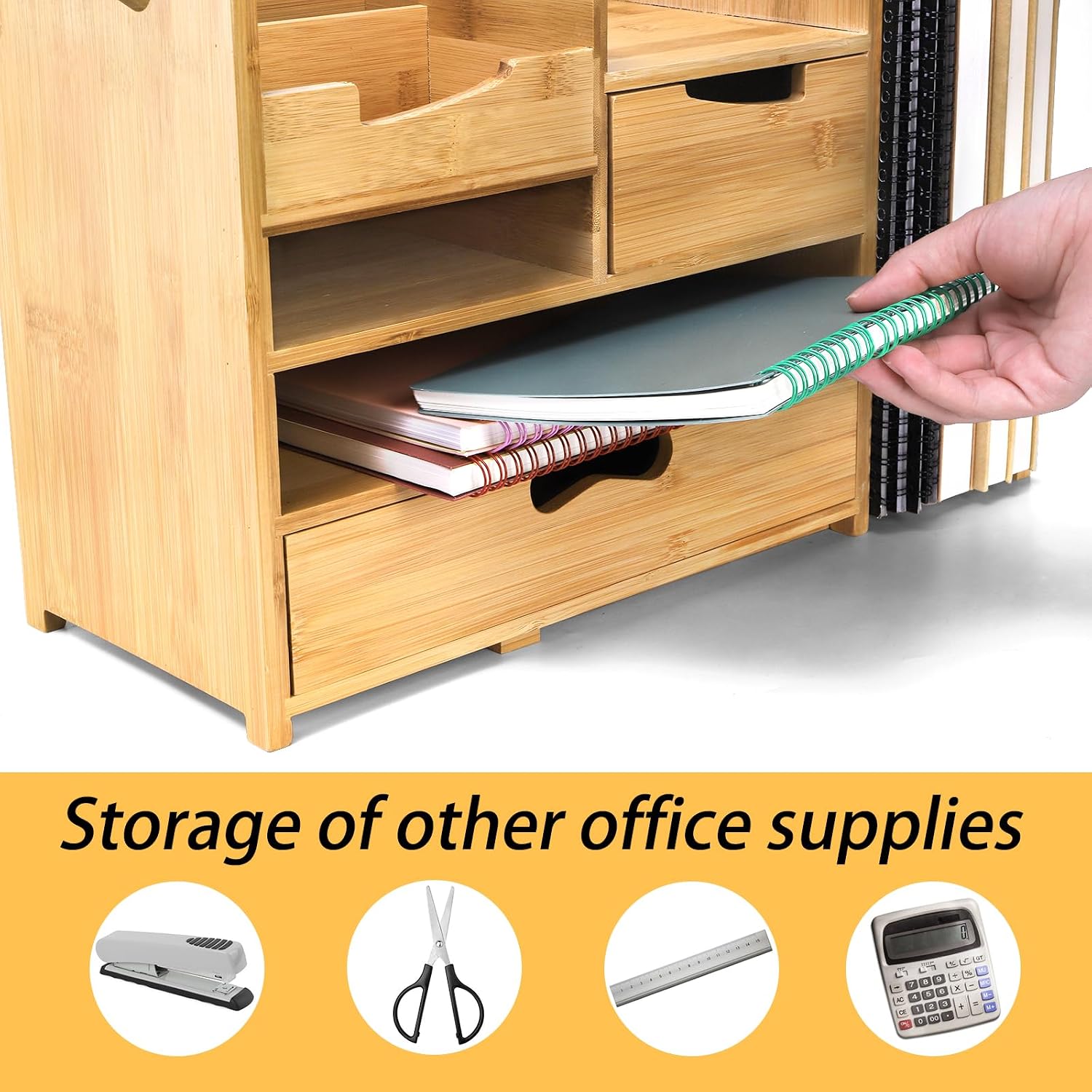 ZOOFOX Bamboo Desk Organizer with Adjustable File Holder, Mail Organizer Countertop with Drawer, 4-Tier Desktop