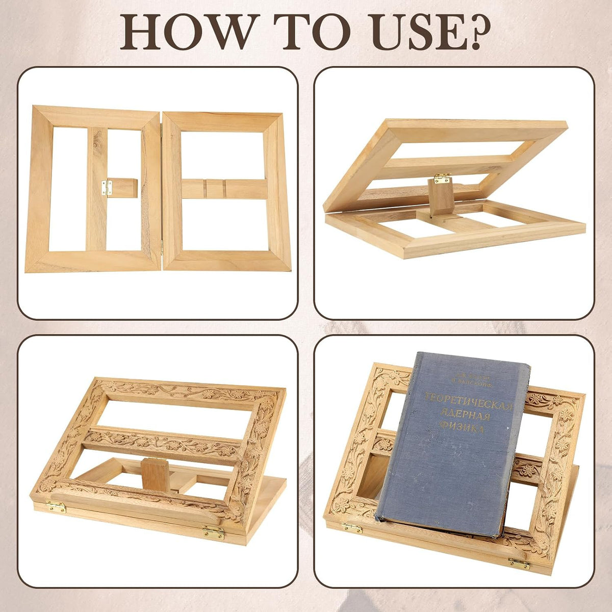 DoubleFill Adjustable Wooden Bible Stand Carved Folding Holder,Light Brown | 12.99x10.04 Inches, For Prayer Books