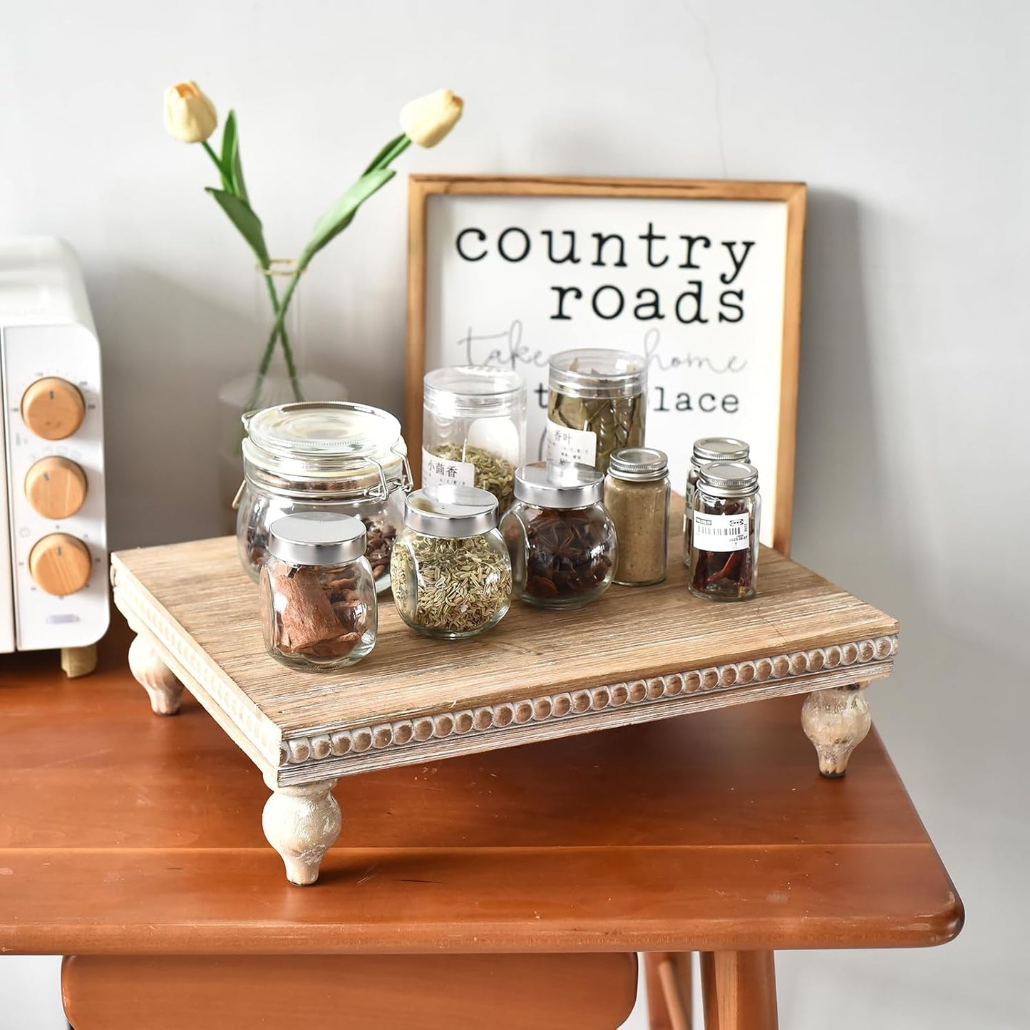 SwallowLiving Farmhouse Wood Riser for Display Decorative, Rustic Shabby Chic Tray for Kitchen Counter, Coffee Bar
