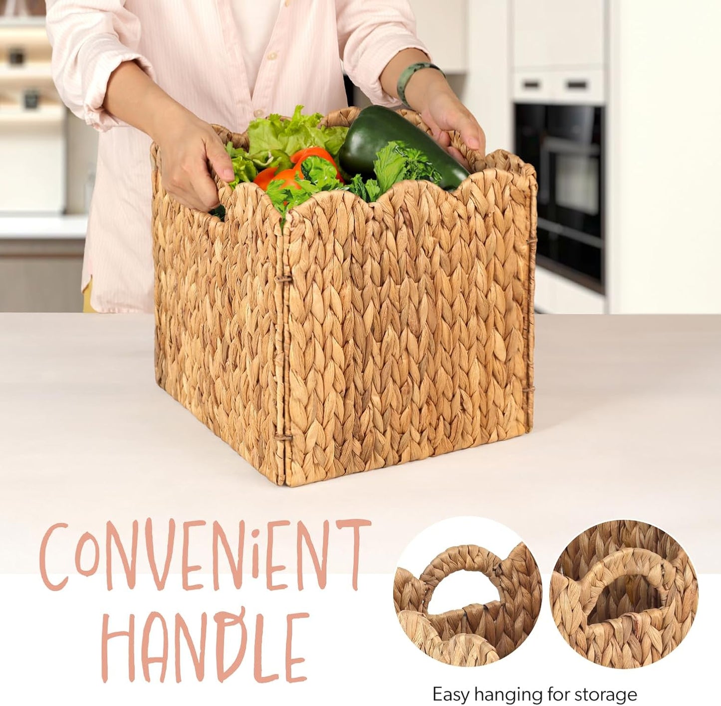 Foldable Scalloped Water Hyacinth Storage Cubes Basket / Natural Color / 12 x 12 x 12 / Set of 4