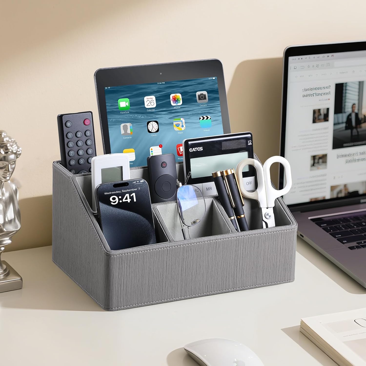 PU Leather Desk Organizer, Remote Control Holder, Grey | Luxury Nightstand Organizer for Home, Office Desk Accessories