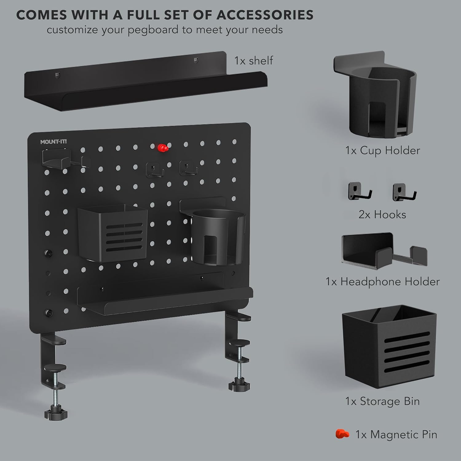 Mount-It! Clamp-On Magnetic Pegboard Organizer, 16.5x15.9 | No-drill desktop storage with 7 accessories, vertical or