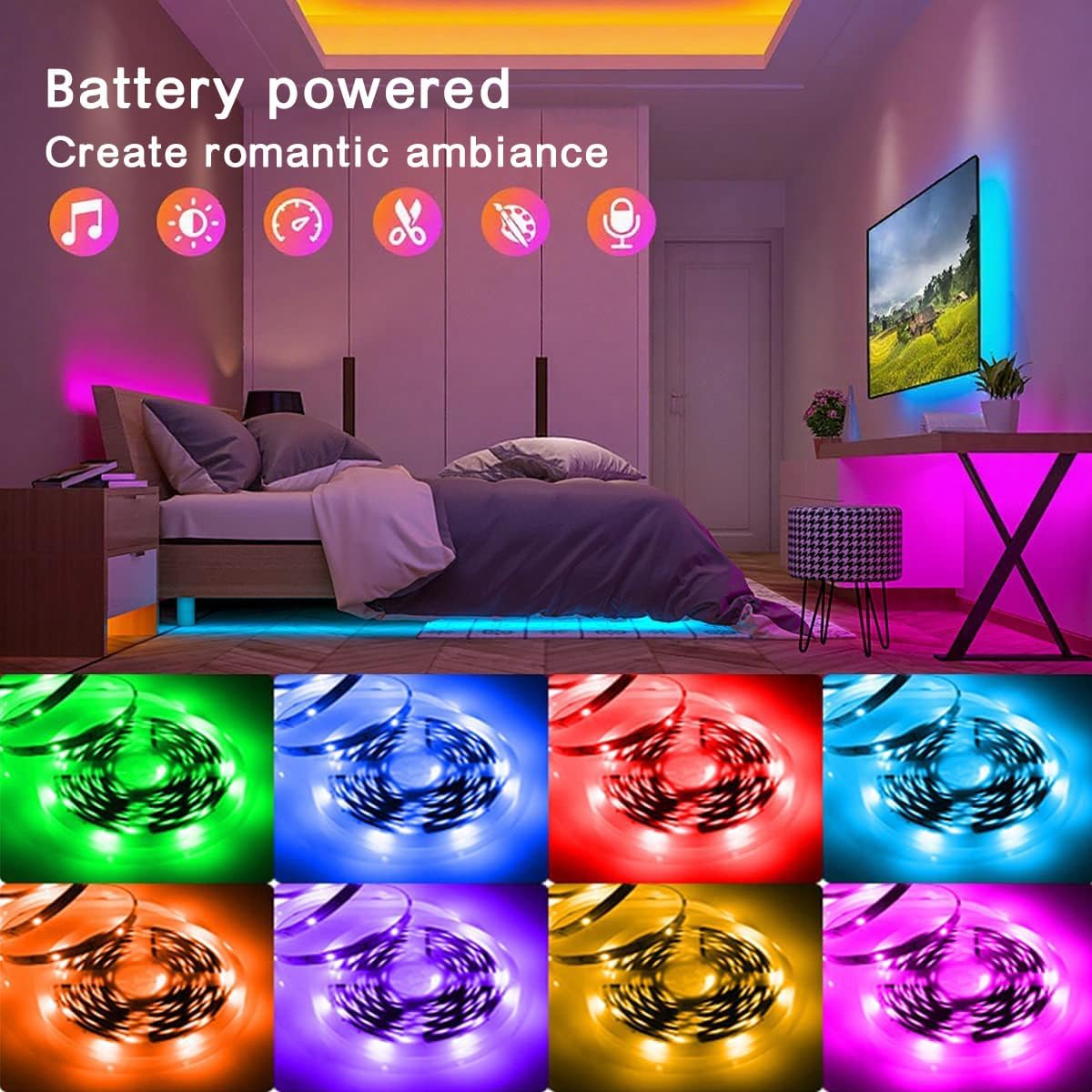 KIKO 2x16.4Ft (32.8Ft) Battery Powered Led Strip Lights | Two Sets of Strip Light with 4 AA Battery Box/USB RGB LED