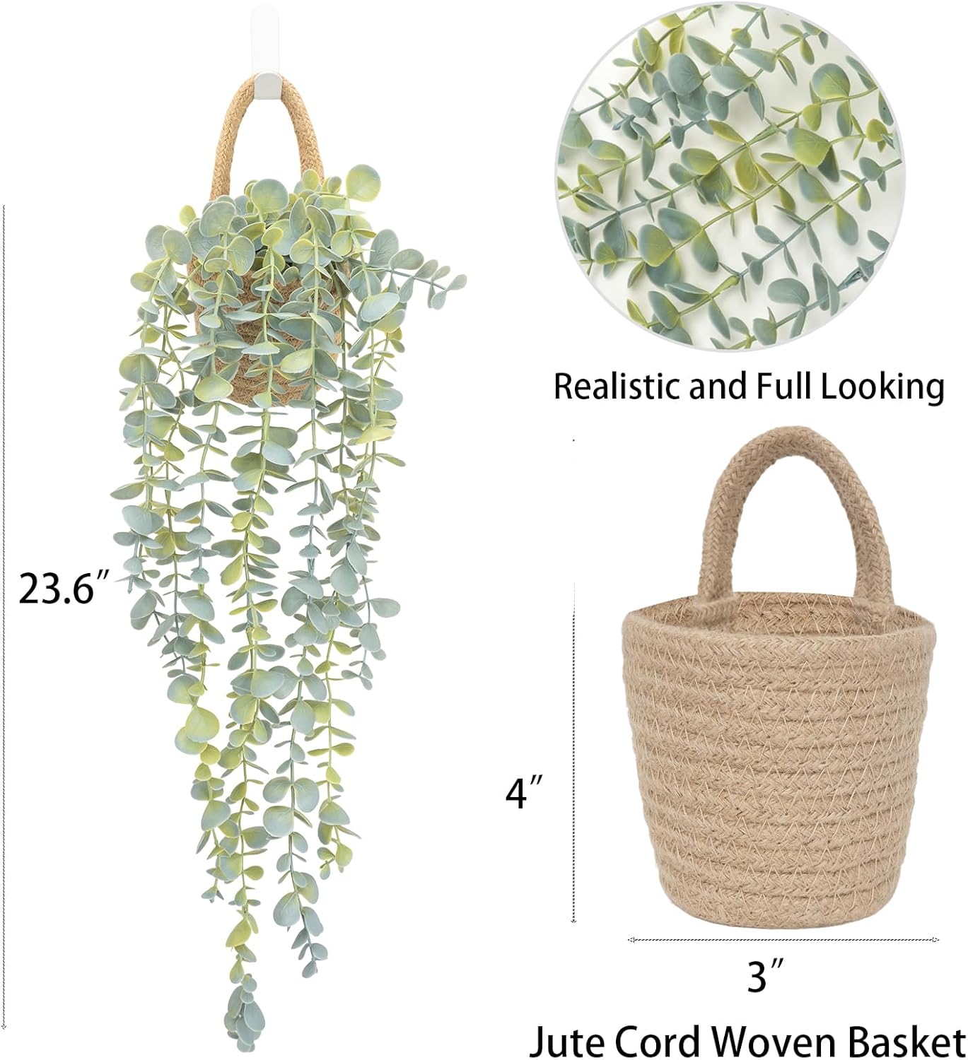Eucalyptus Artificial Faux Plants in Wall Woven Planters / Jute Hanger / Black