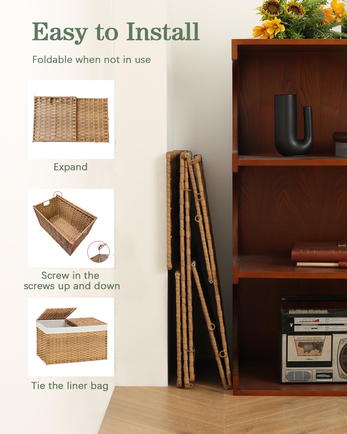 Lid Rattan Woven Storage Baskets / Natural / 65l-22l*13w*13.8h / 22 x 13 x 13.8