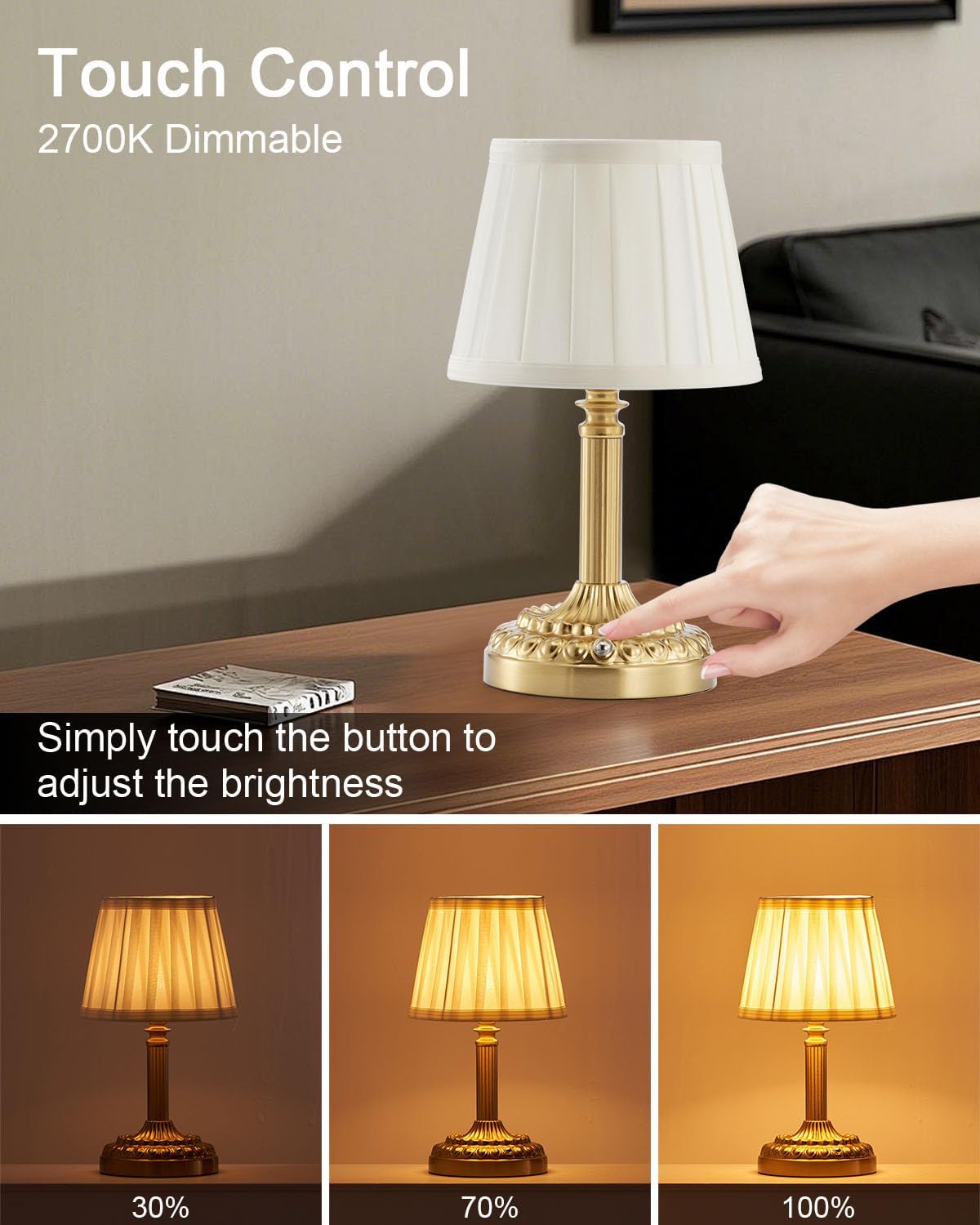 2 Pack Rechargeable Cordless Table Lamps for Restaurant Dining | 5200mAh Small Battery Operated Lamp, Portable Dimmable
