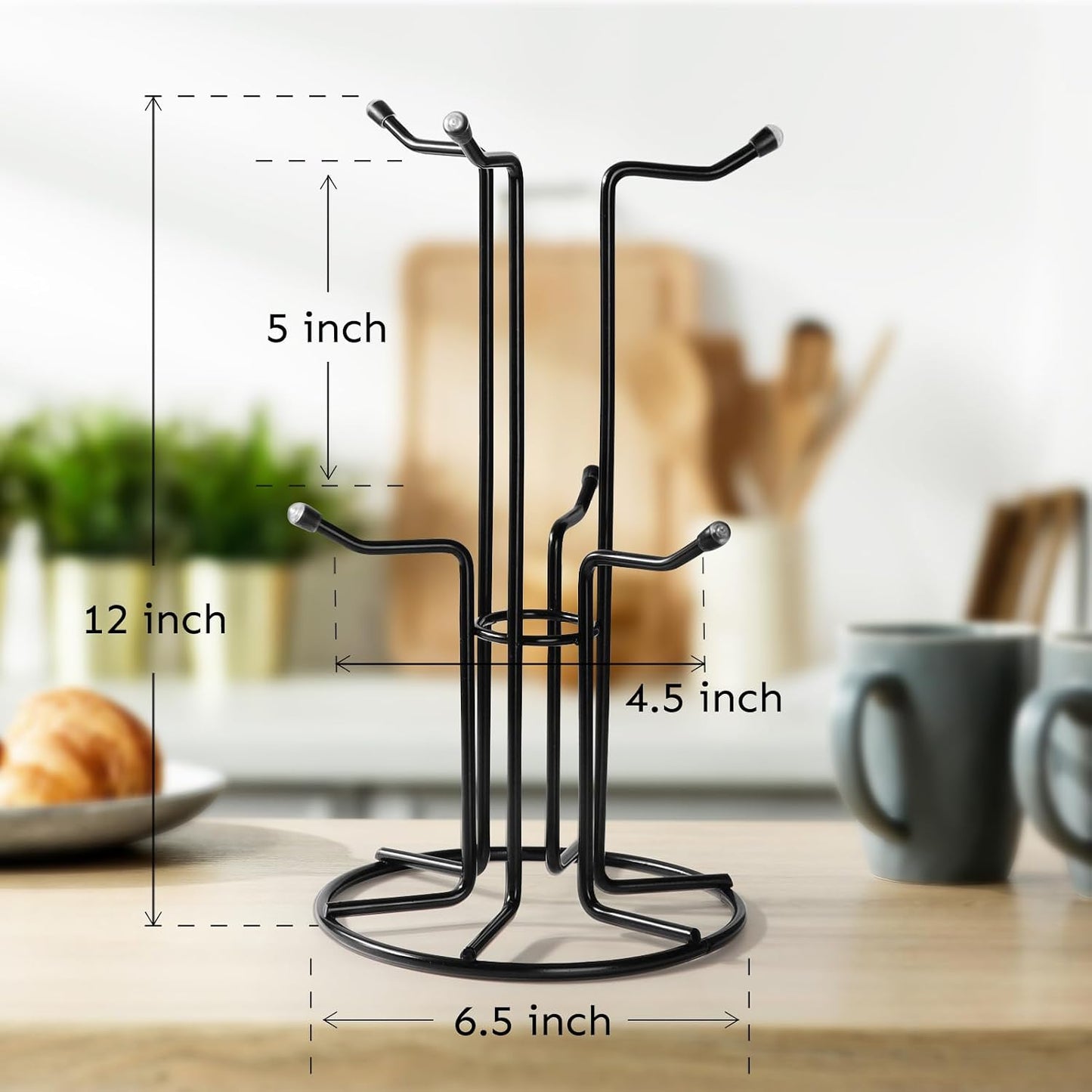 HULISEN Mug Tree for Large Cups, 6 Hook Countertop Coffee Mug Holder, Black | Cup Rack for Counter, Stable Wide Base