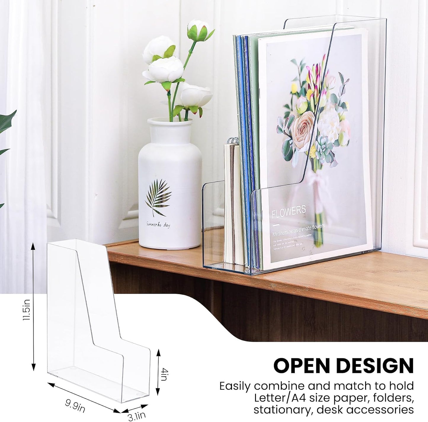 LALOBLUE Vertical Magazine File Holder, Clear, 4 Pack | Plastic, Holds Magazines, Binders, Notebooks, Envelopes, Desk