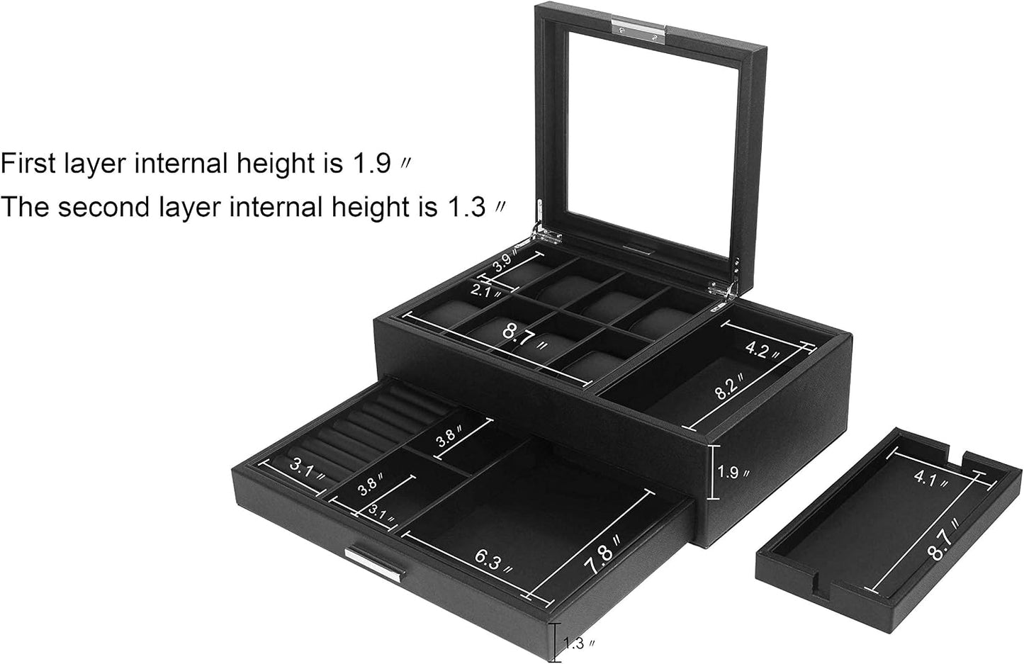 Mens Jewelry Box Organizer with Charging Station - Valet Tray with Drawer for Watch, Wallet, Sunglasses, Keys