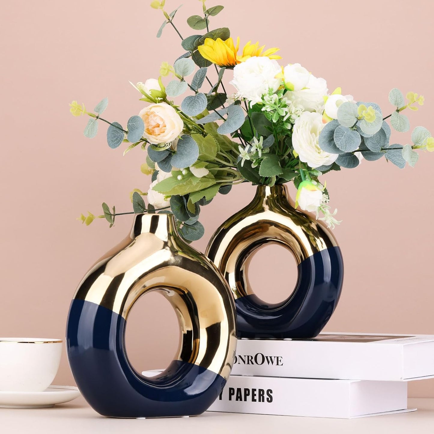 Navy and Gold Ceramic Vase / Blue / Set of 2