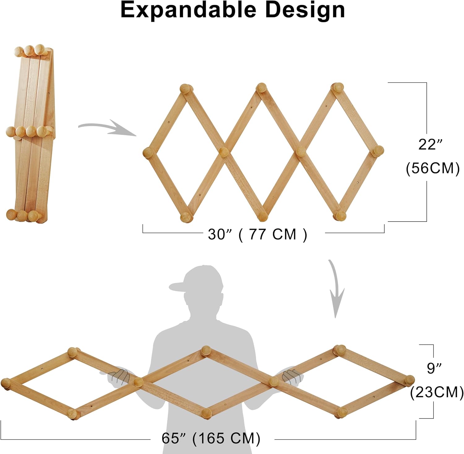 Expandable Coat Rack (Larger Version) - 24” High, Anti-Slip, Ultra Heavy Duty Wooden Accordian Wall Hanger with 10