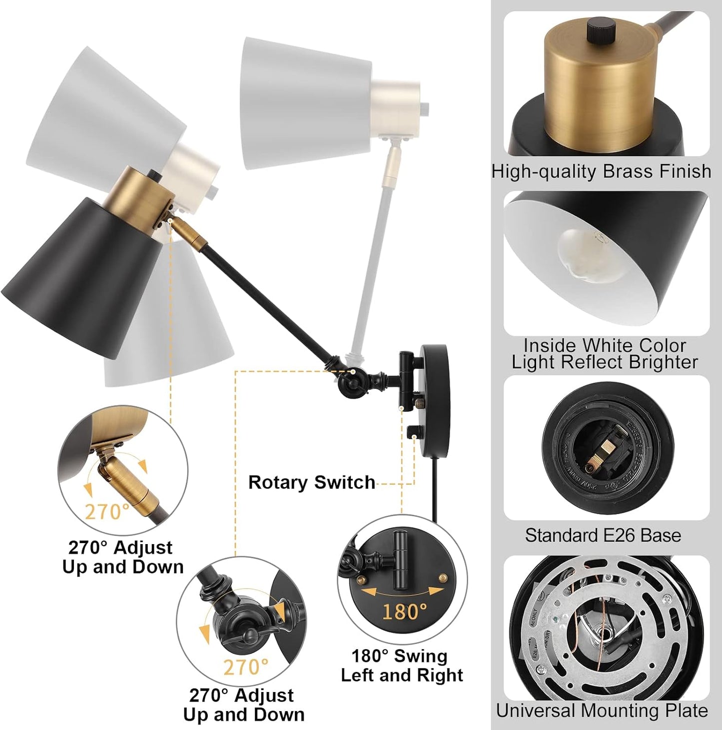 Plug in Wall Sconces with Remote, Adjustable Colors 2700K-6500K & Brightness 10%-100%, Swing Arm Wall Lamp, Wall