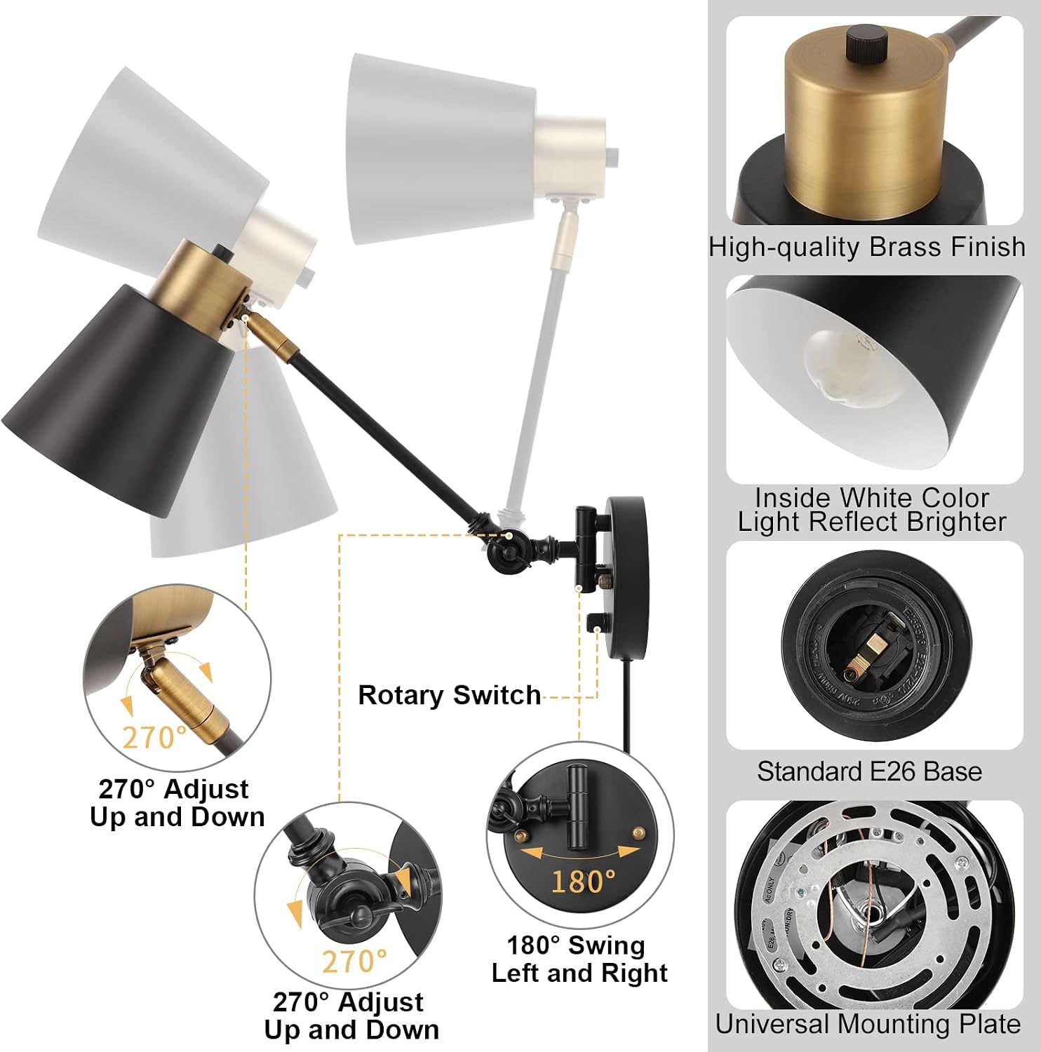 Plug in Wall Sconces with Remote, Adjustable Colors 2700K-6500K & Brightness 10%-100%, Swing Arm Wall Lamp, Wall
