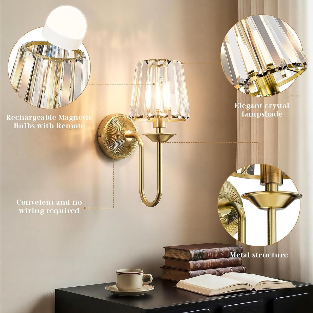 Brass Battery Operated Wall Sconces Set of Two, Crystal Wireless Rechargeable Wall Lights with Remote, Dimmable 3 CCT