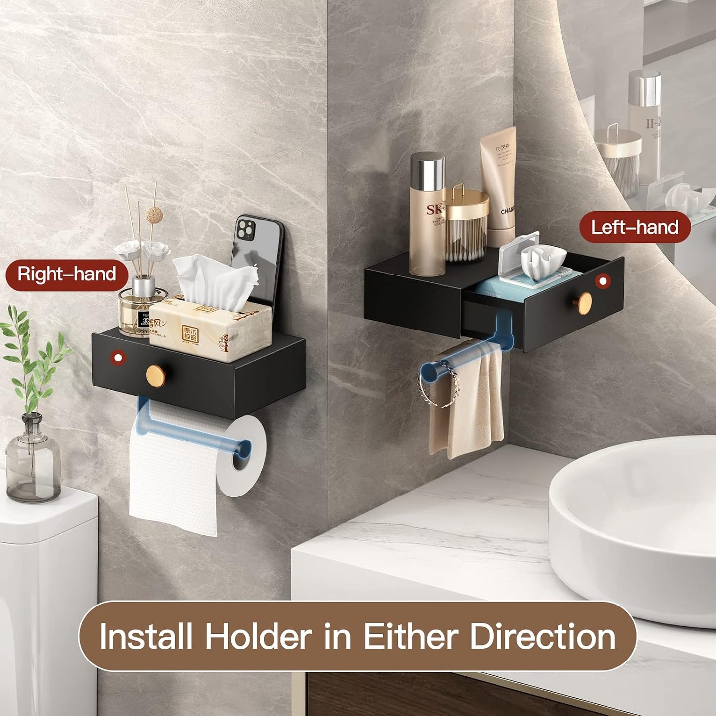 VOLDRA Toilet Paper Holder with Shelf Black Wipes Dispenser for Bathroom Stainless Steel Toilet Paper Holder with