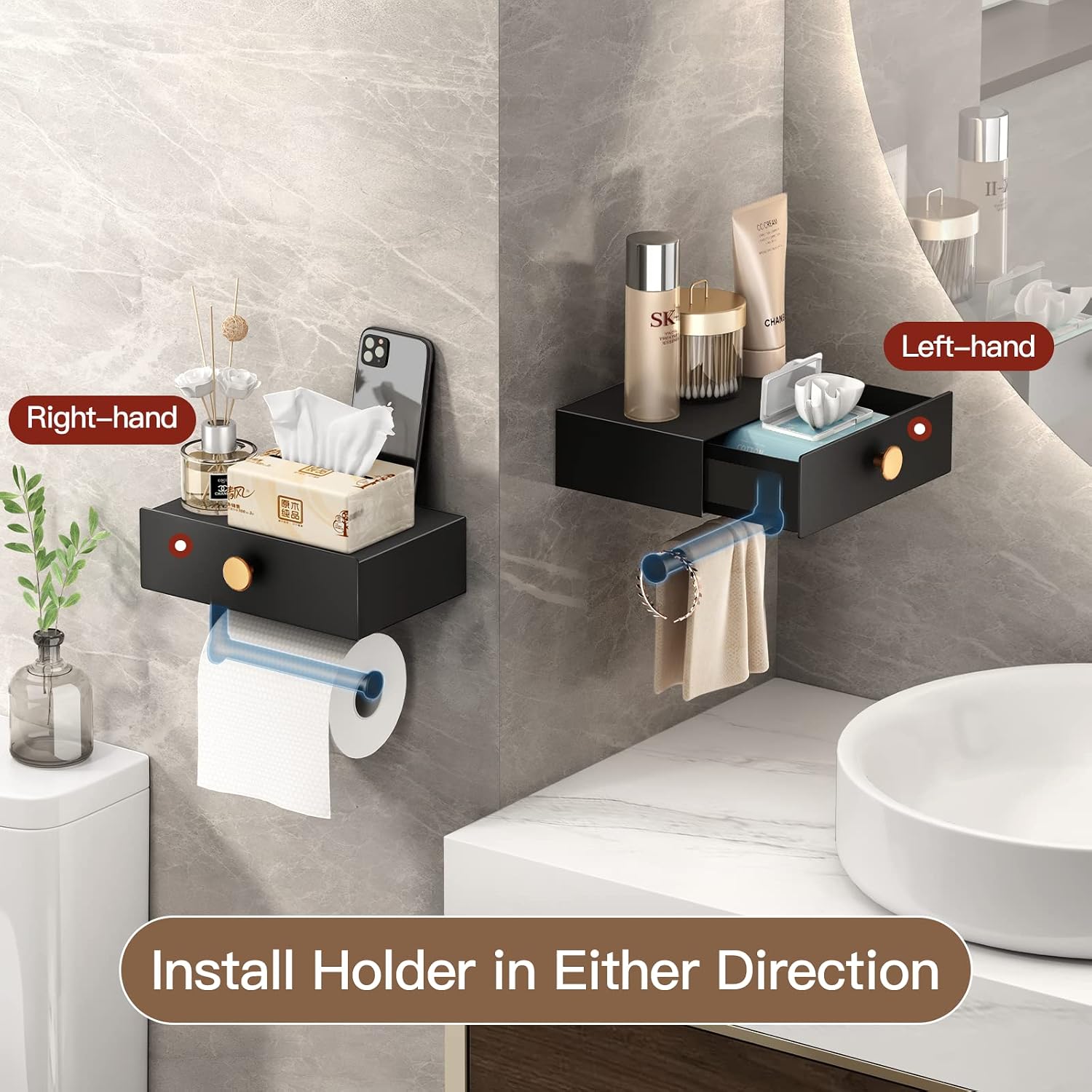 VOLDRA Toilet Paper Holder with Shelf Black Wipes Dispenser for Bathroom Stainless Steel Toilet Paper Holder with