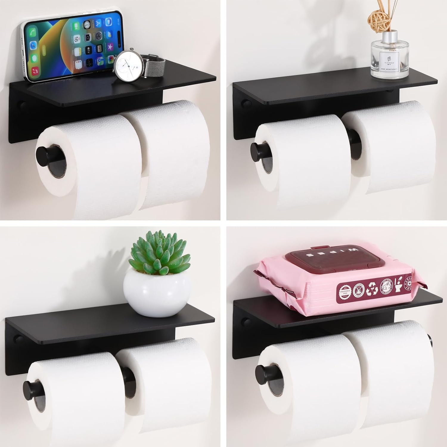 Toilet Paper Holder - Double Rolls Toilet Tissue Holder with Phone Shelf for Bathroom - TP Roll Holder with Wipes