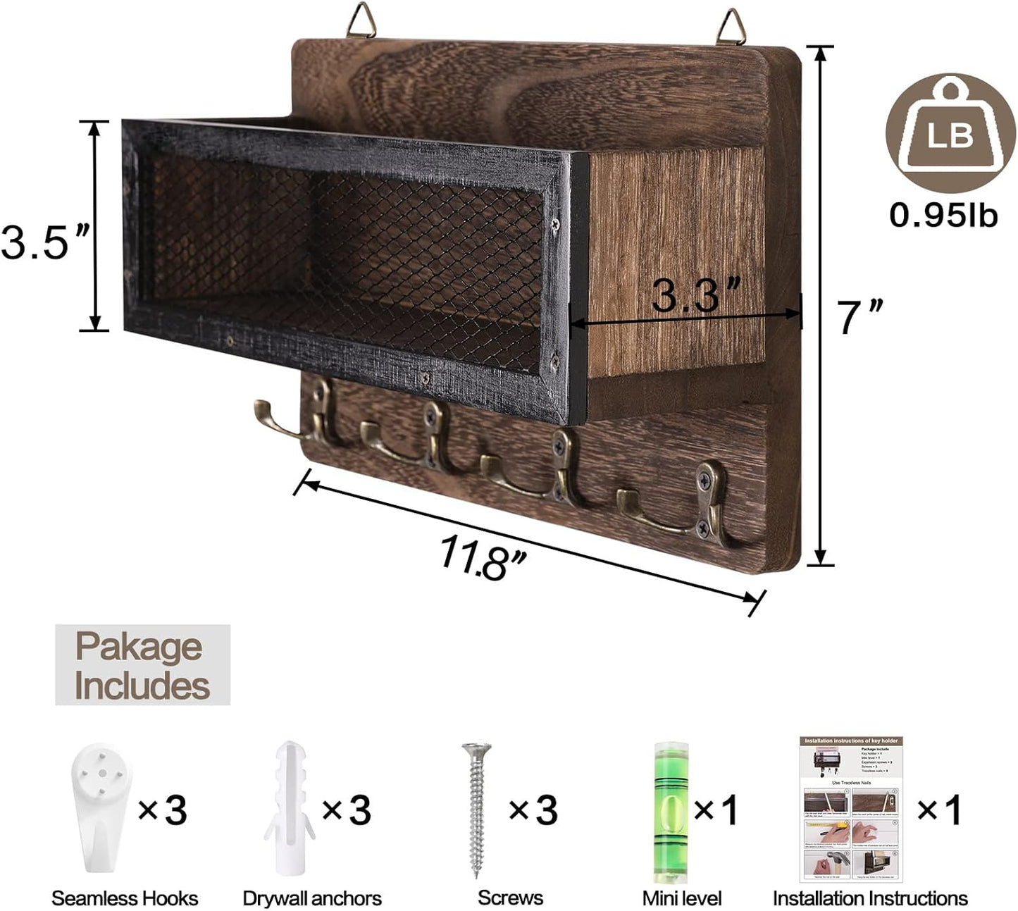 Wooden Wall Mount Key Rack Hanger Organizer / Brown