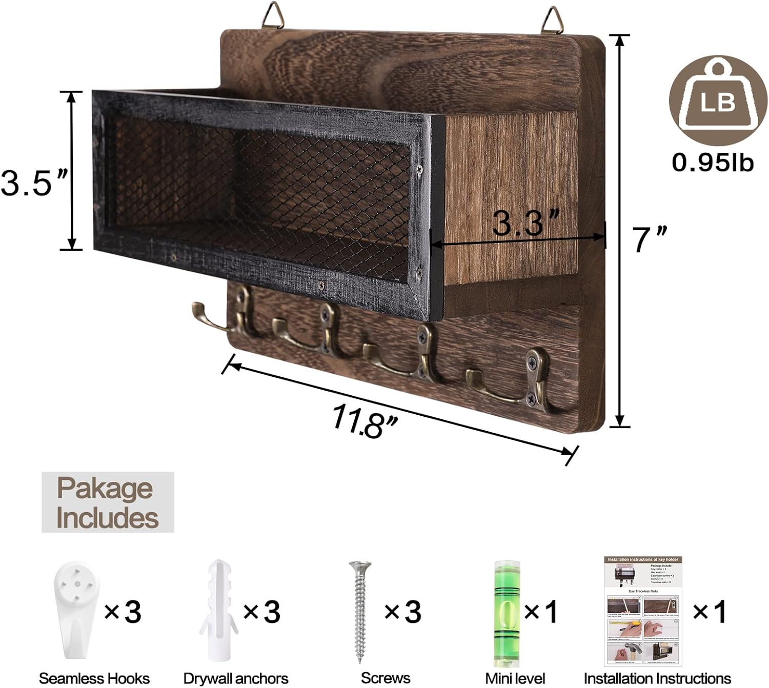 Wooden Wall Mount Key Rack Hanger Organizer / Brown