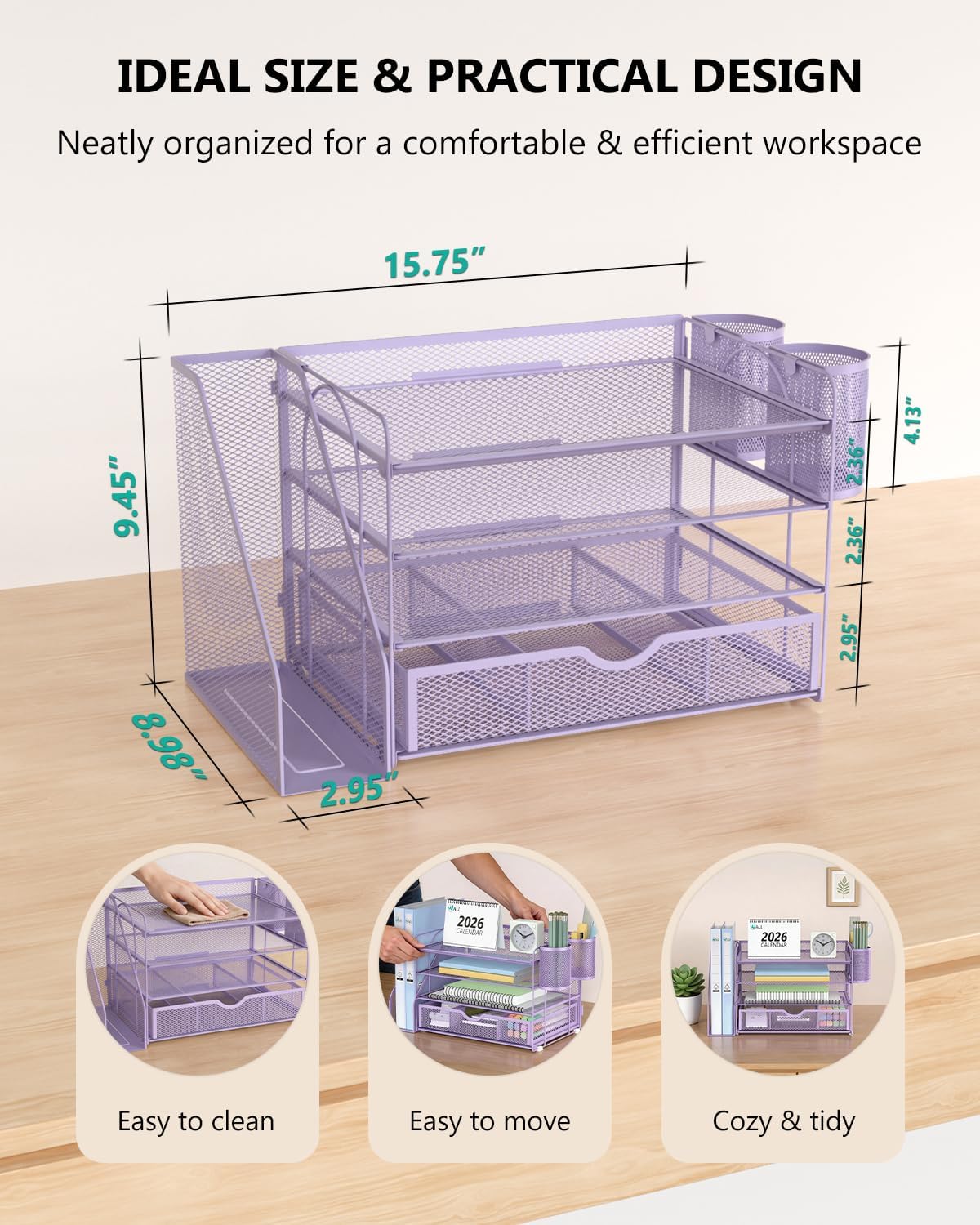 WALI Desk File Organizer, 4 Tier Desktop Paper Letter Tray Organizer with Drawer and 2 Pen Holders, Office Desk