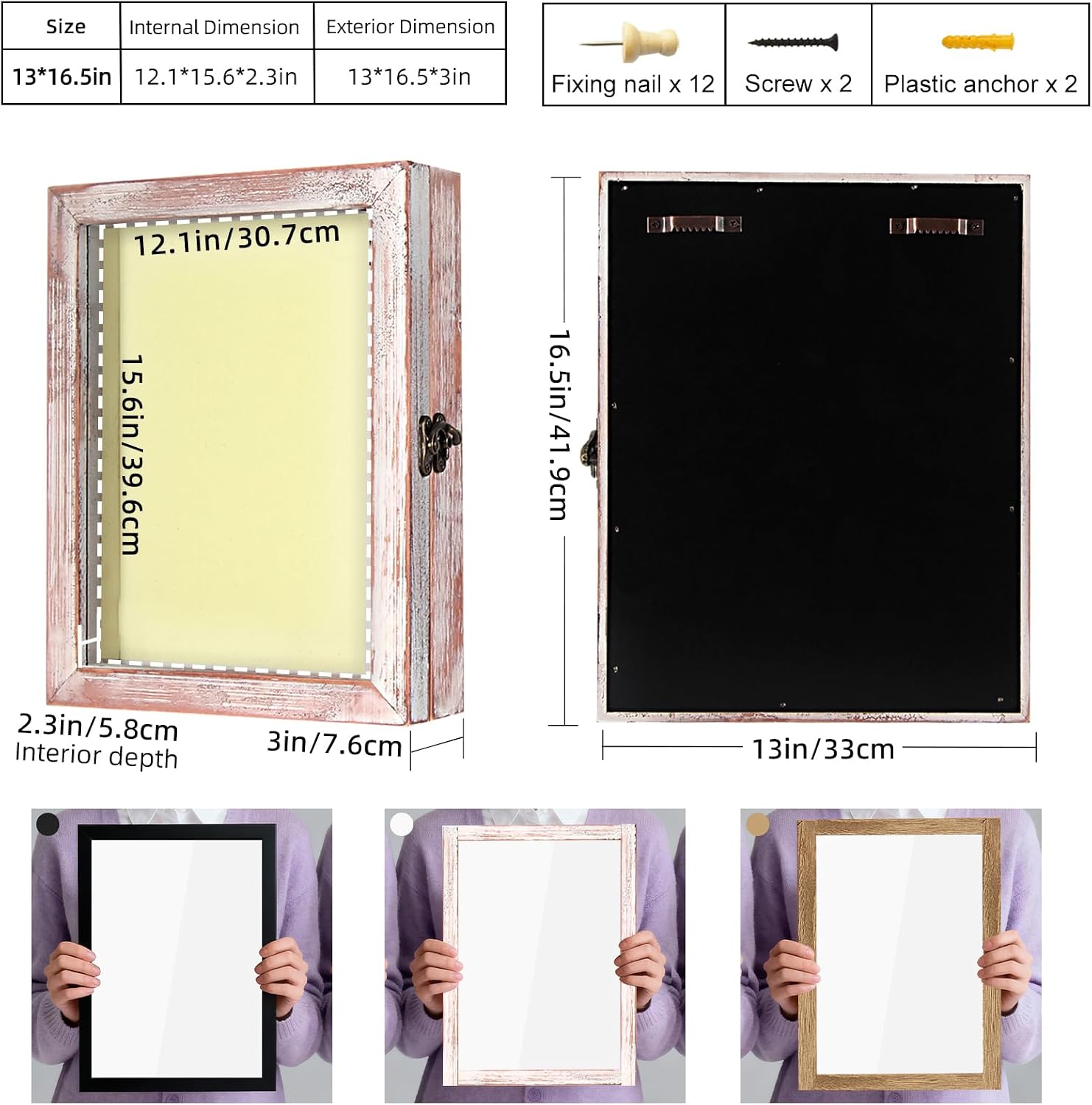 TJ.MOREE Shadow Box 13x16 Memory Display Case Wood Picture Frame White Pink | Fits 12x15.6 Inserts with Linen Back