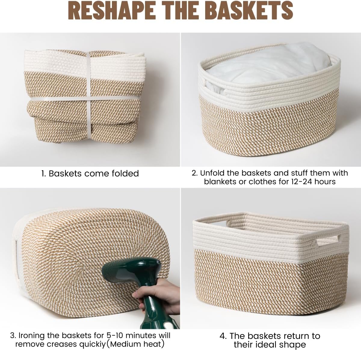 Woven Storage Baskets / Khaki & White / Set of 5