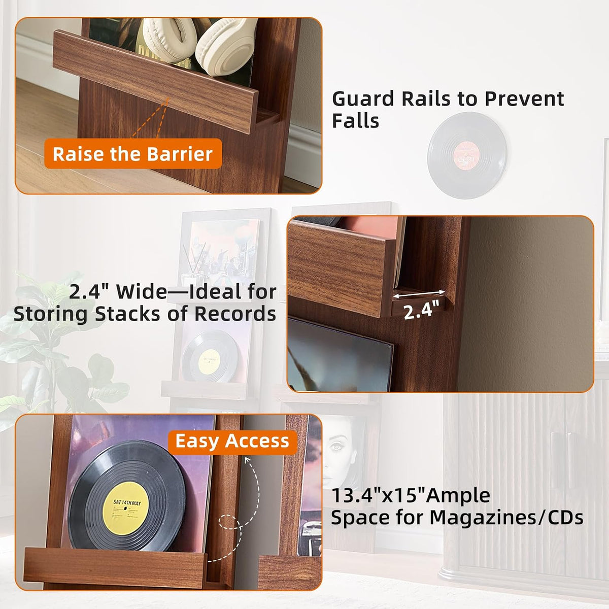 Wall-Leaning Vinyl Record Holder with 3 Tier Display Shelf, 47.5'' Tall Record Storage Magazine Holder, Vinlys Stand