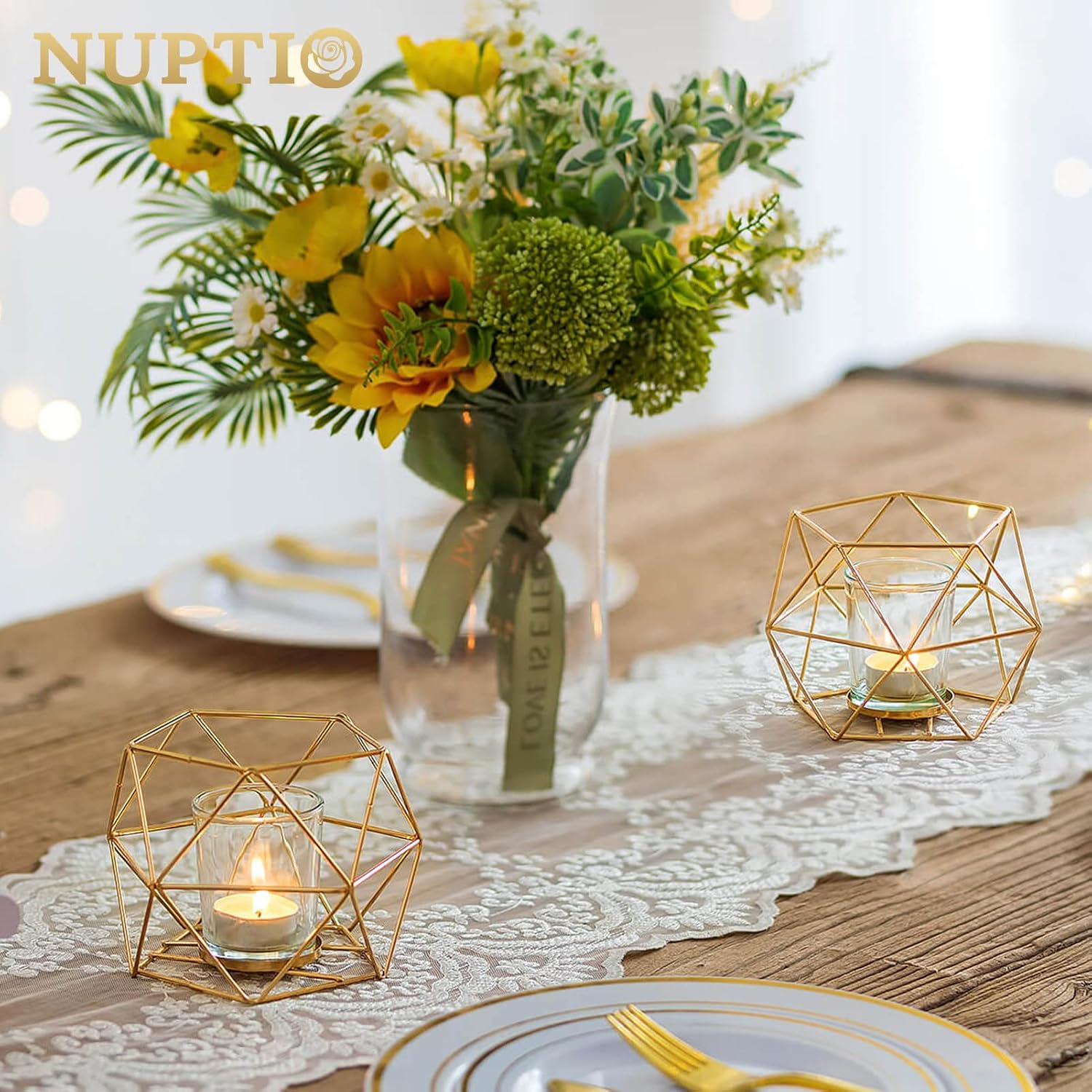 NUPTIO Tea Light Candle Holders - Votive Candle Holder for Tealight & Pillar Candles Geometric Gold Candle Stand for