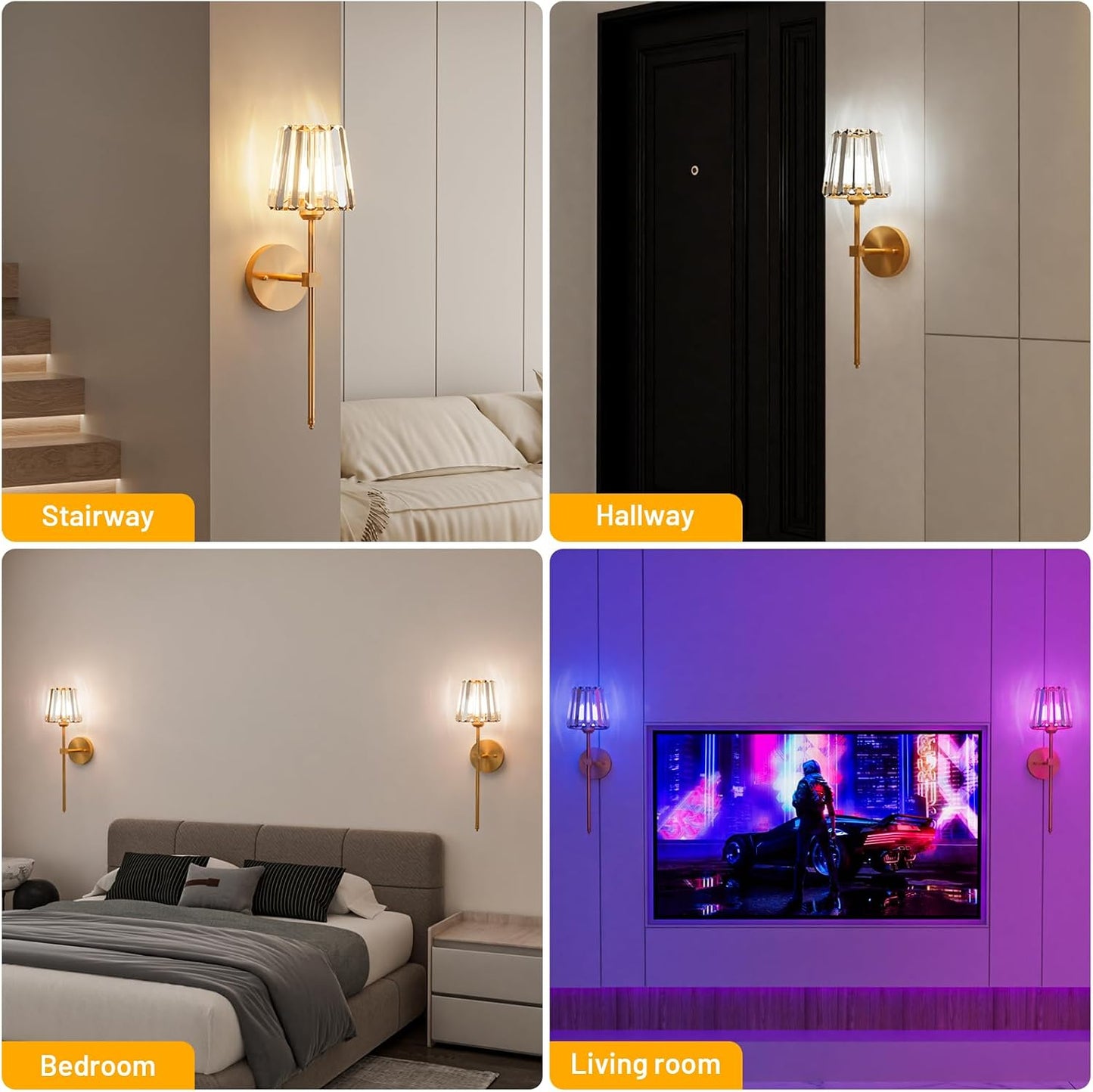 Crystal Battery Operated Wall Sconces Set of 2, Gold Rechargeable Wireless Wall Sconce Lights with Crystal Lampshade