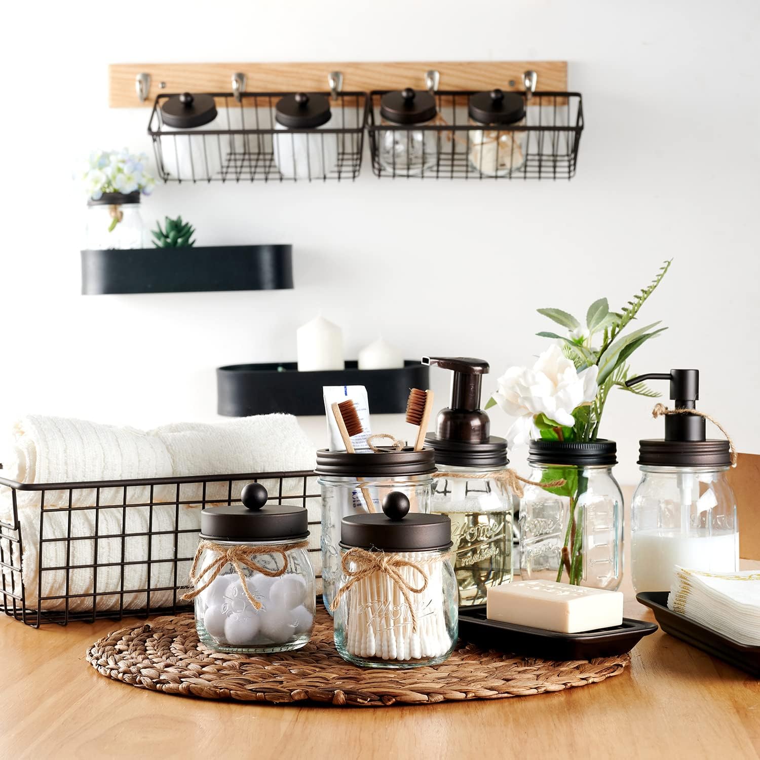SheeChung Mason Jar Bathroom Accessories Set,6Pcs Rustic Bathroom Set,Brown | Glass Bathroom Accessory Set, Soap