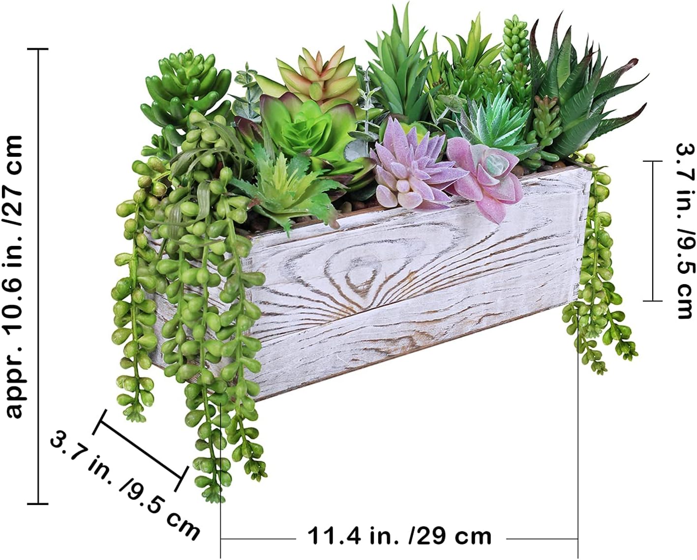 Assorted Artificial Succulents in Rectangular Wooden Pot Succulents Garden in Wood / Set of 19