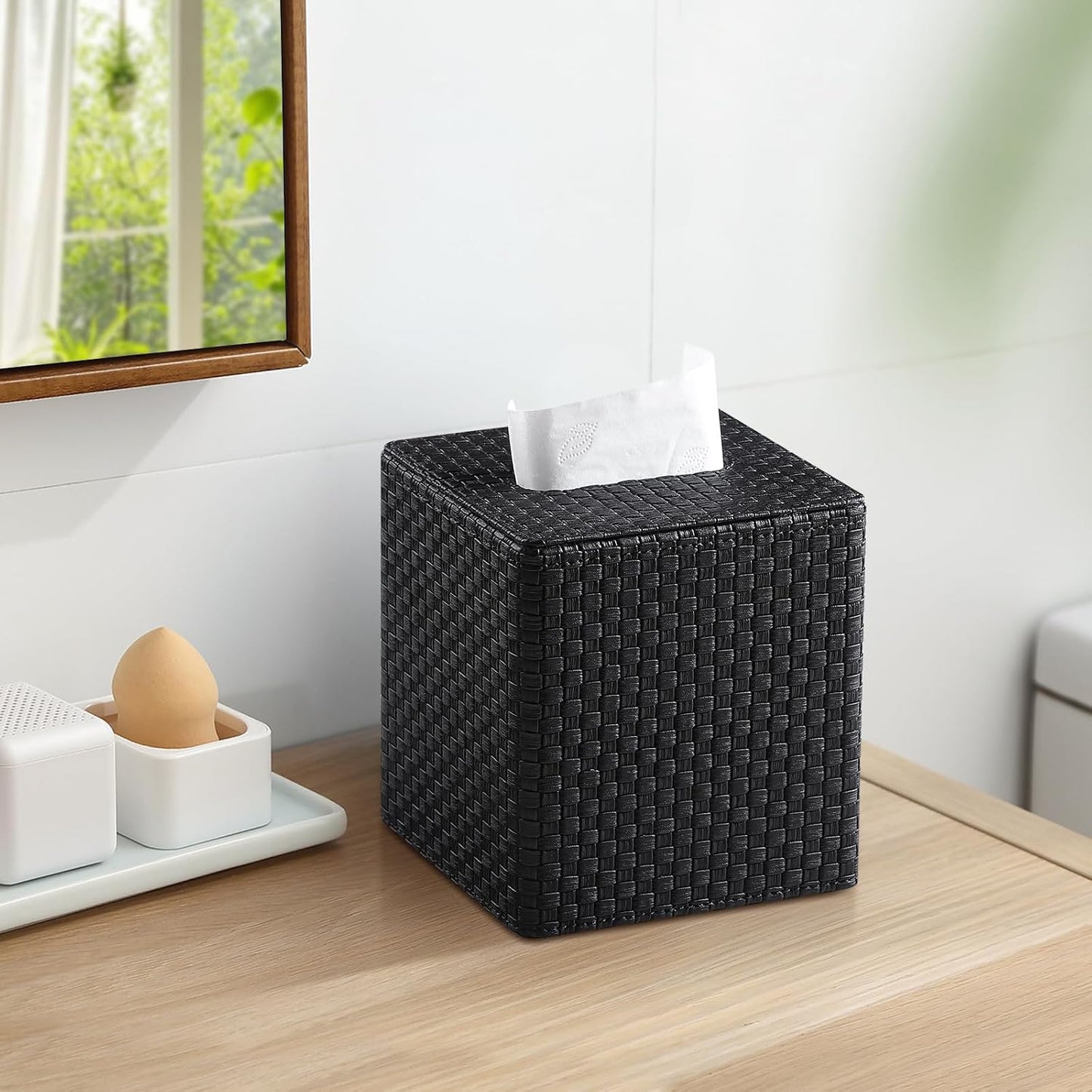 Square Tissue Box Cover / Black Woven Pattern