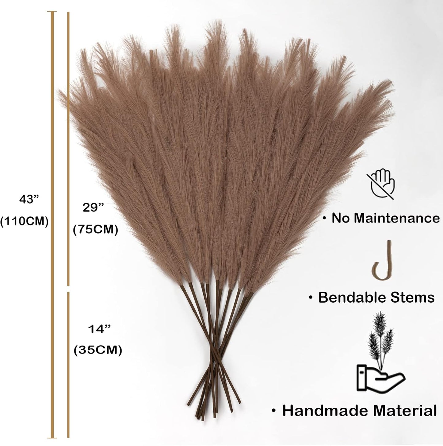 43"/110cm Faux Pampas Grass 6 Stems Large Pompass Grass Branches Tall Bulk Boho Flower / Taupe