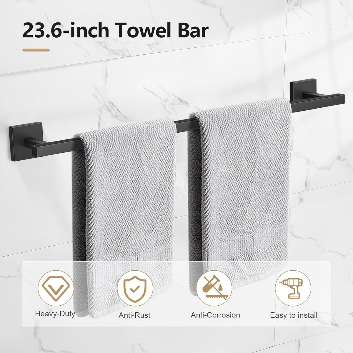 TQKAG 5-Pieces Matte Black Bathroom Hardware Accessories Set 23.6" SUS304 Stainless Steel Towel Bar Set Wall Mounted